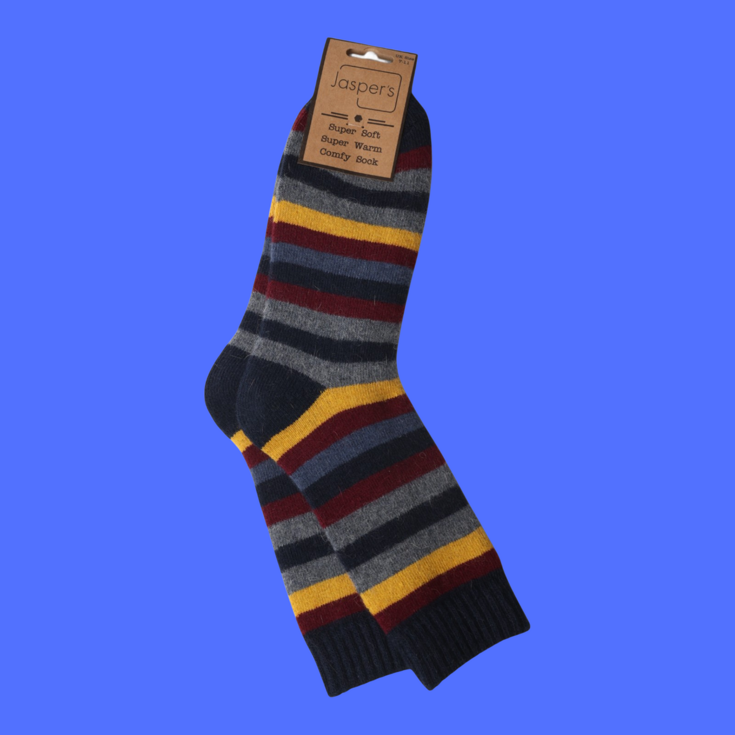 Striped sock with a brand label on a blue background