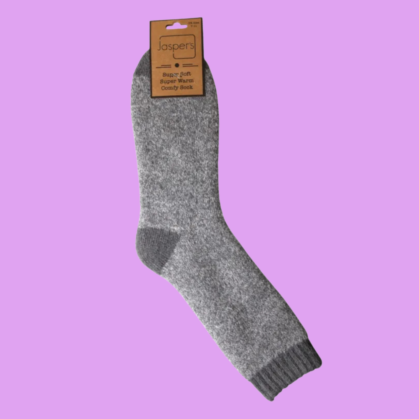 Gray sock with a brown label on a purple background
