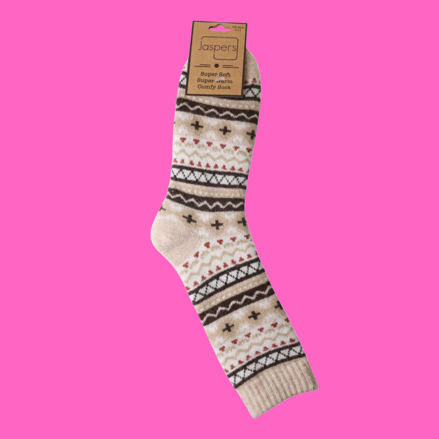 Patterned sock with packaging on a pink background