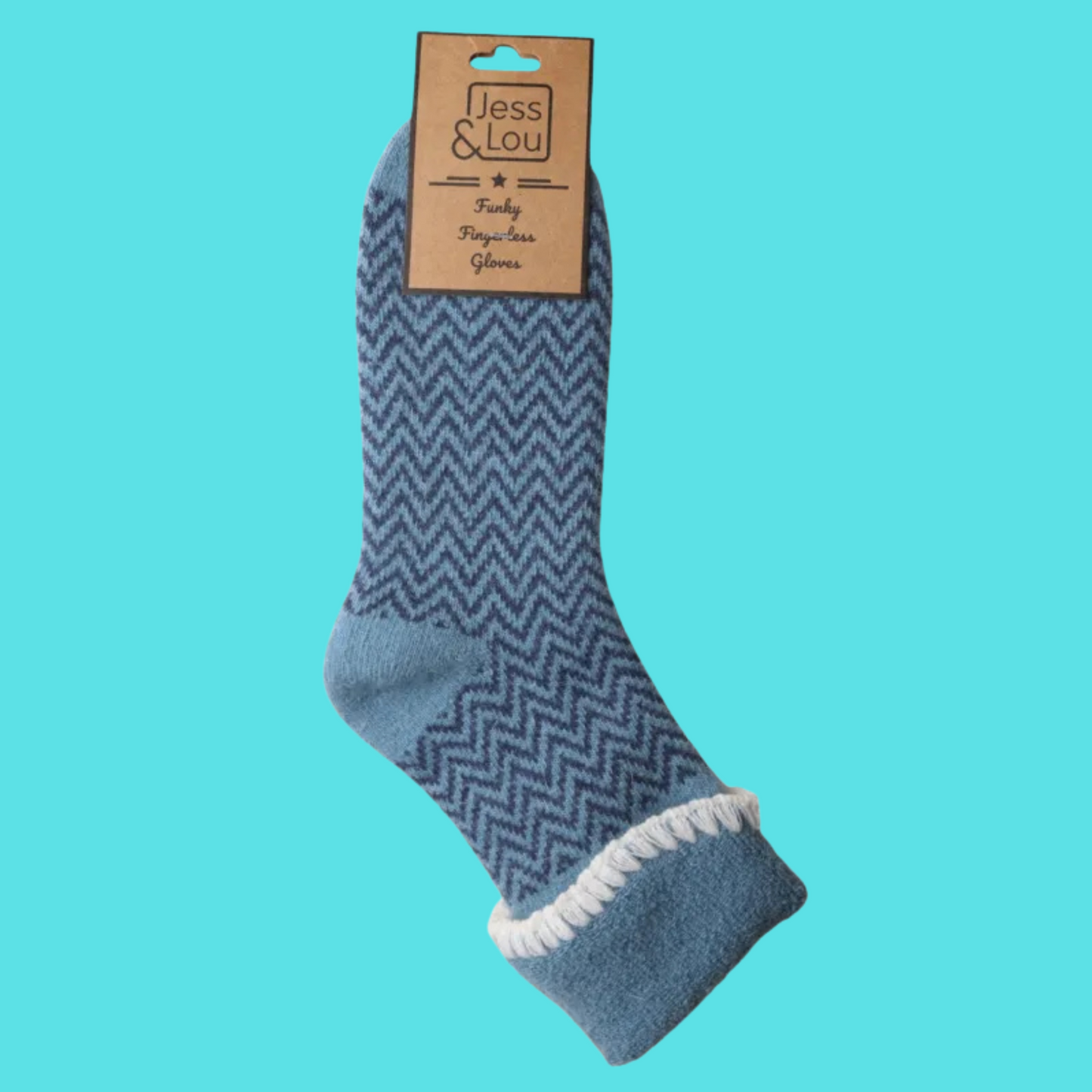 Blue chevron-patterned sock with white trim on a teal background, featuring the brand 'Ness & Lou'.