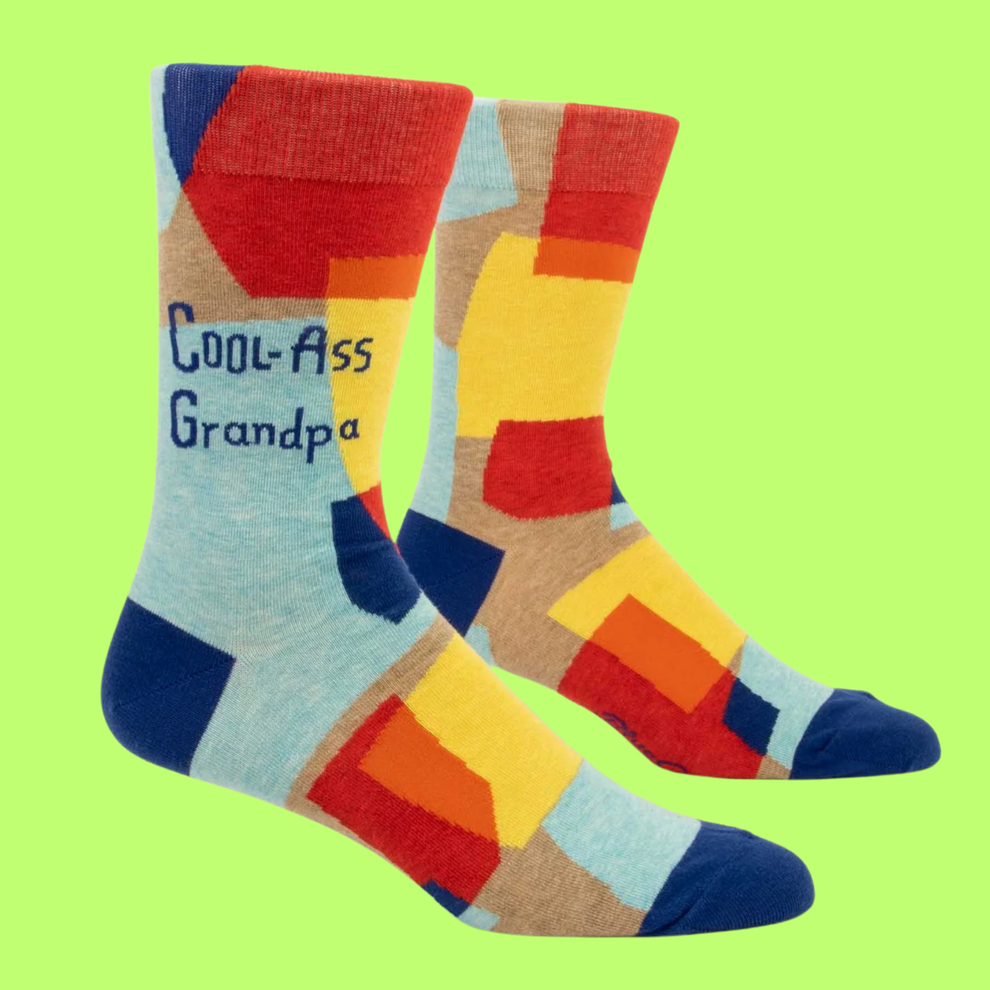 Cool-Ass Grandpa Socks. A pair of socks featuring a cool grandpa slogan. With an abstract, multicoloured pattern.  