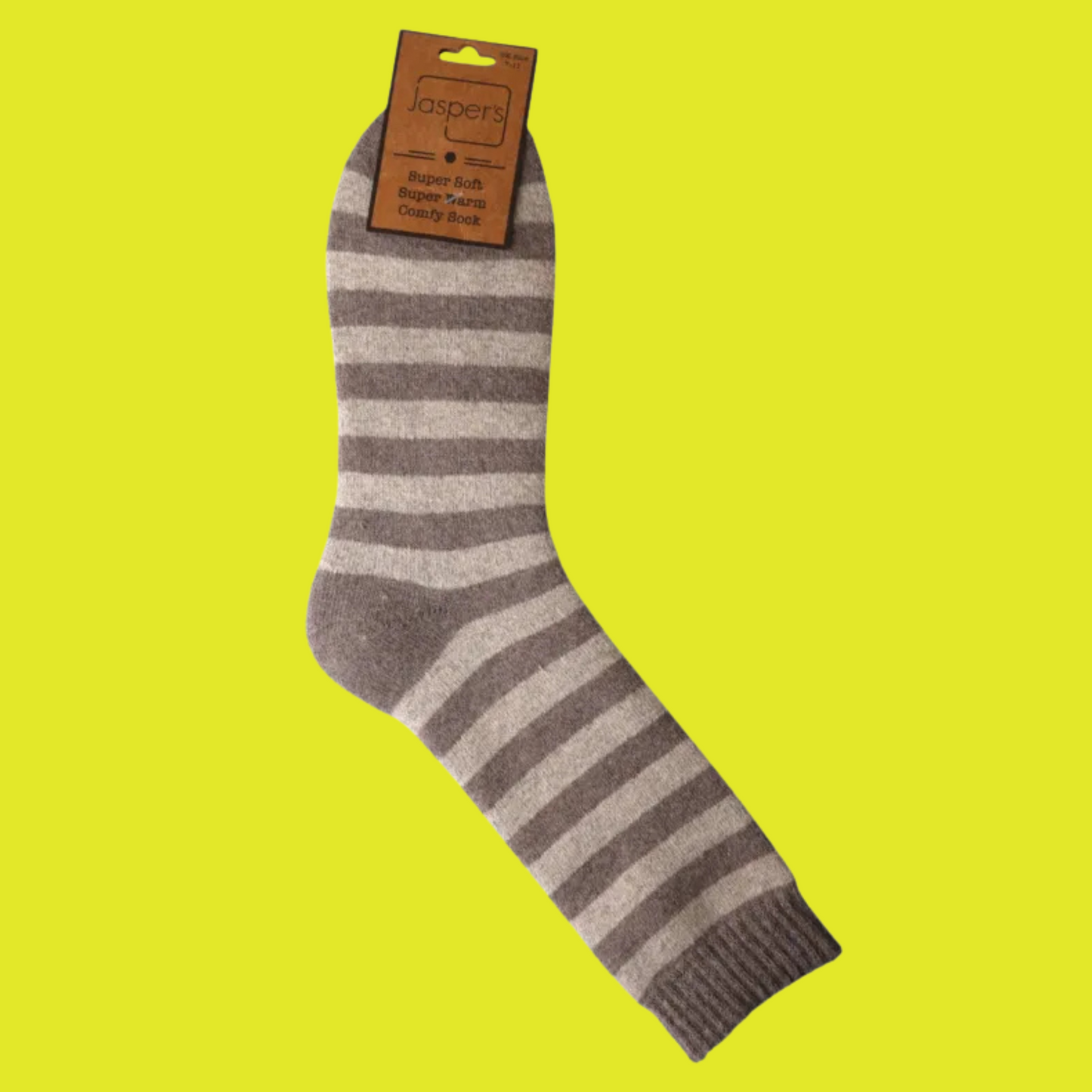 Striped sock with a Jasper's label on a yellow background