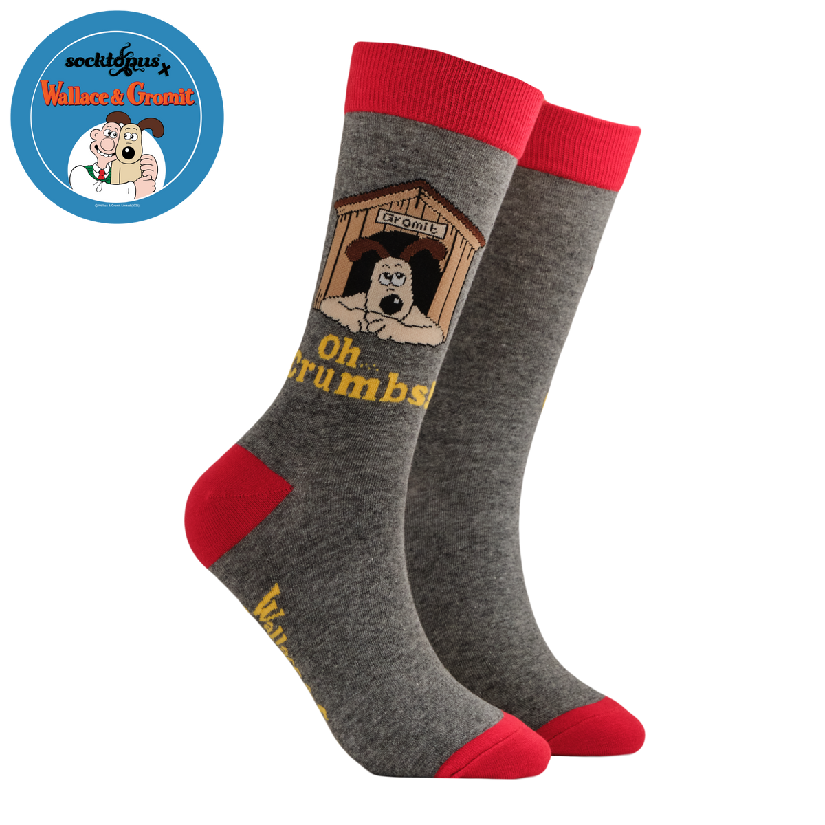 Gray socks with red accents and a cartoon character graphic on a white background