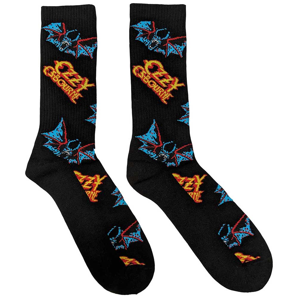 Ozzy Osbourne Logos and Bats Socks. A pair of socks with the Ozzy Osbourne logo and bats. Black legs, heel, cuff and toe. 