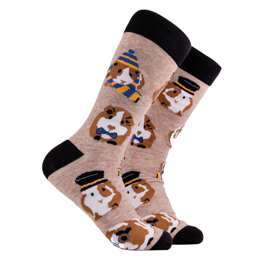 Guinea Pig Socks - Posh Pigs. A pair of socks depicting Guinea Pigs dressed as toffs. Brown legs, black cuff, heel and toe.