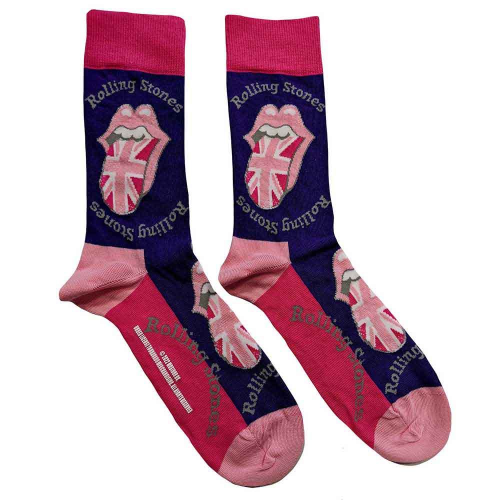 The Rolling Stones UK Tongue Socks. A pair of socks with a union jack rolling stones logo. Blue legs, red toe, heel and cuff. 