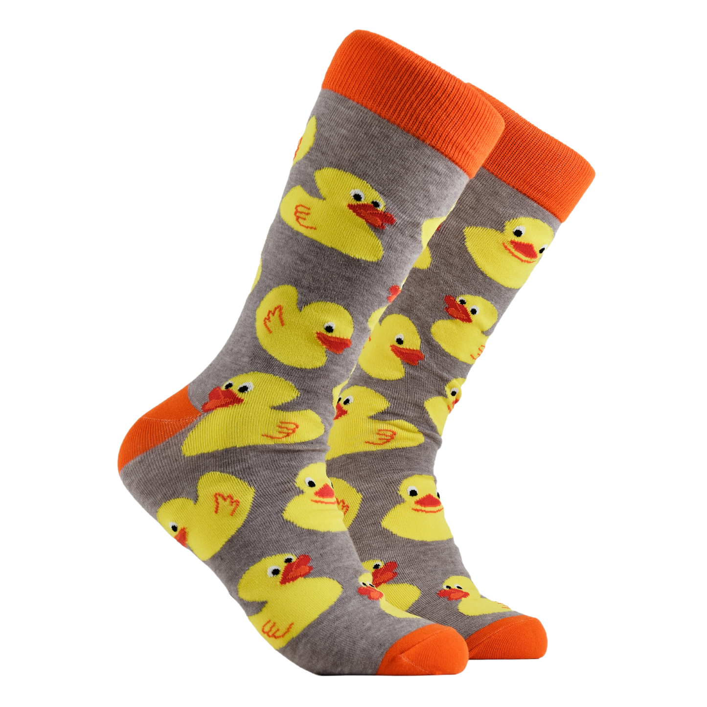 Rubber Duck Socks - Rubber Duckies. A pair of socks depicting rubber ducks. Grey legs, orange cuff, heel and toe.