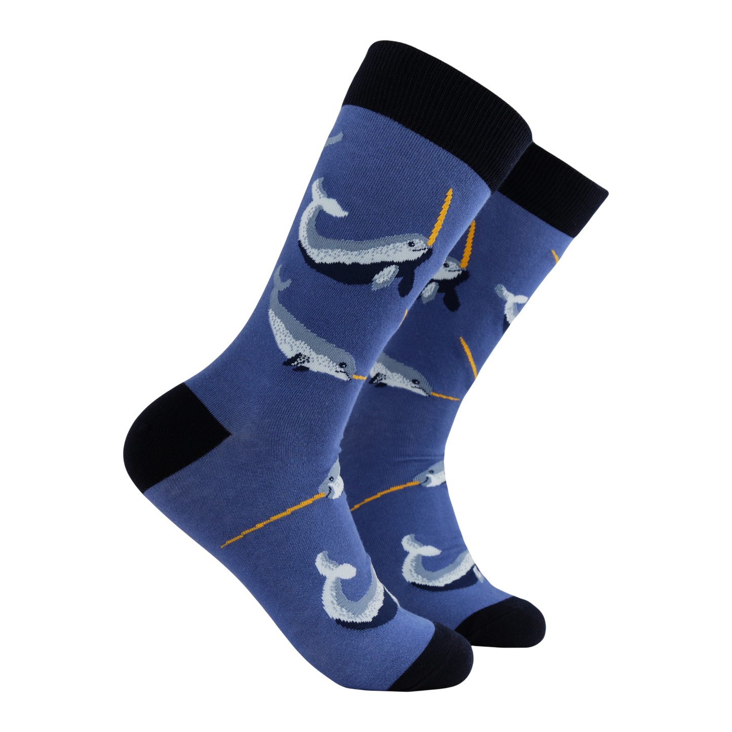 Narwhal Socks - Sea Unicorn. A pair of socks featuring Narwhals. Deep blue legs, black heel, toe and cuff. 