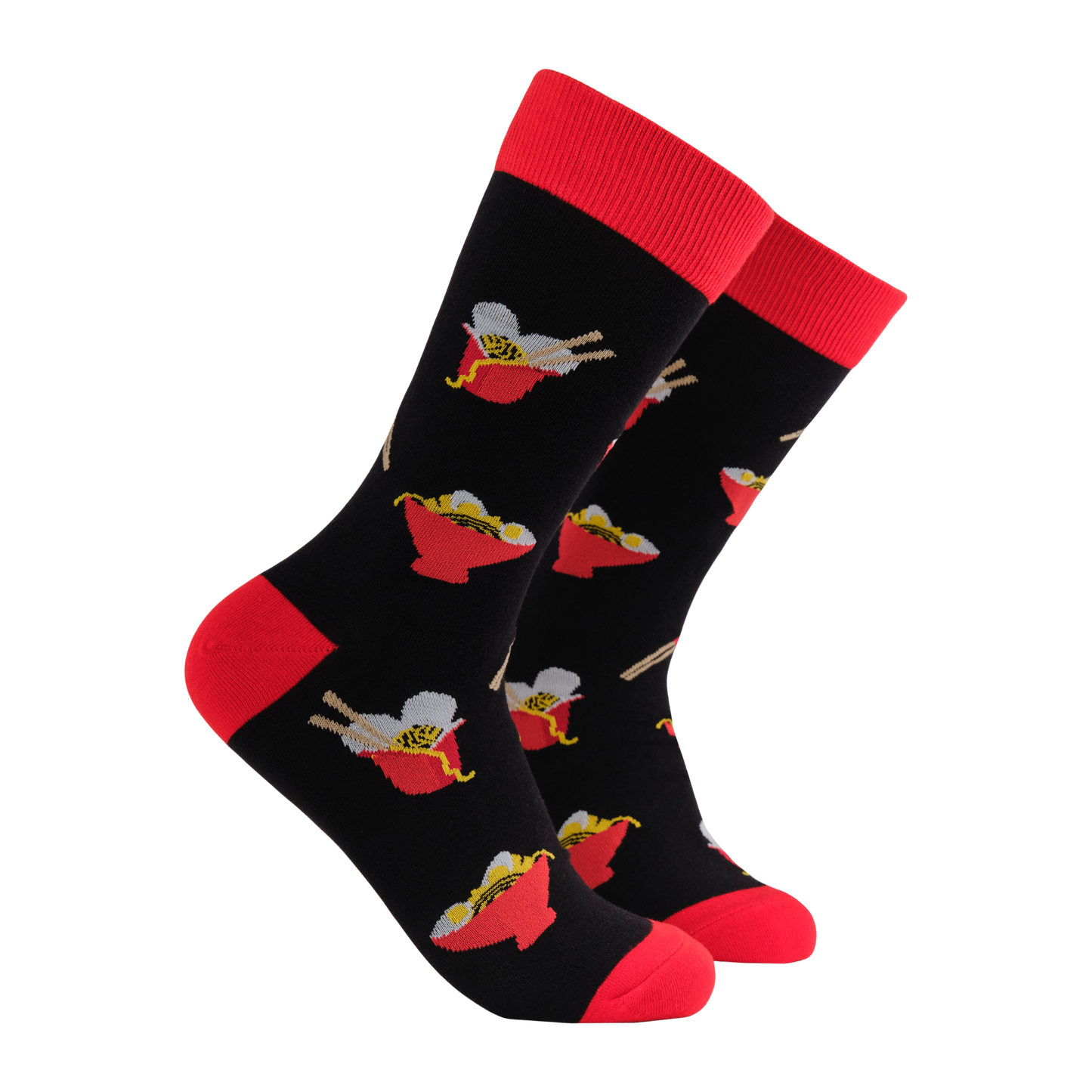 Noodles Socks - Send Noods. A pair of socks featuring bowls of noodles. Black legs, red heel, toe and cuff. 