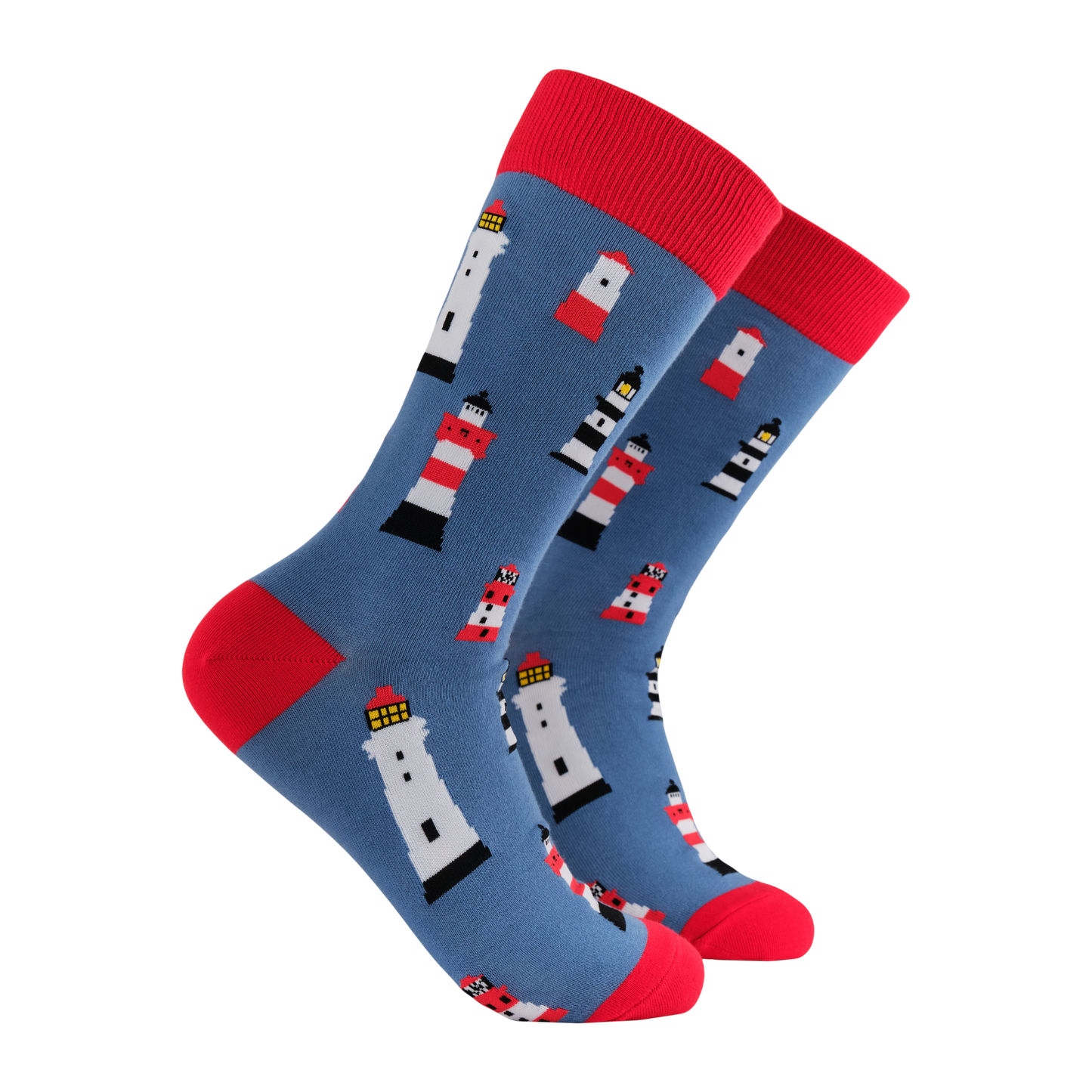 Lighthouse Bamboo Socks - She's a Keeper. A pair of socks with a lighthouse motif. Blue legs, red heel, toe and cuff. 