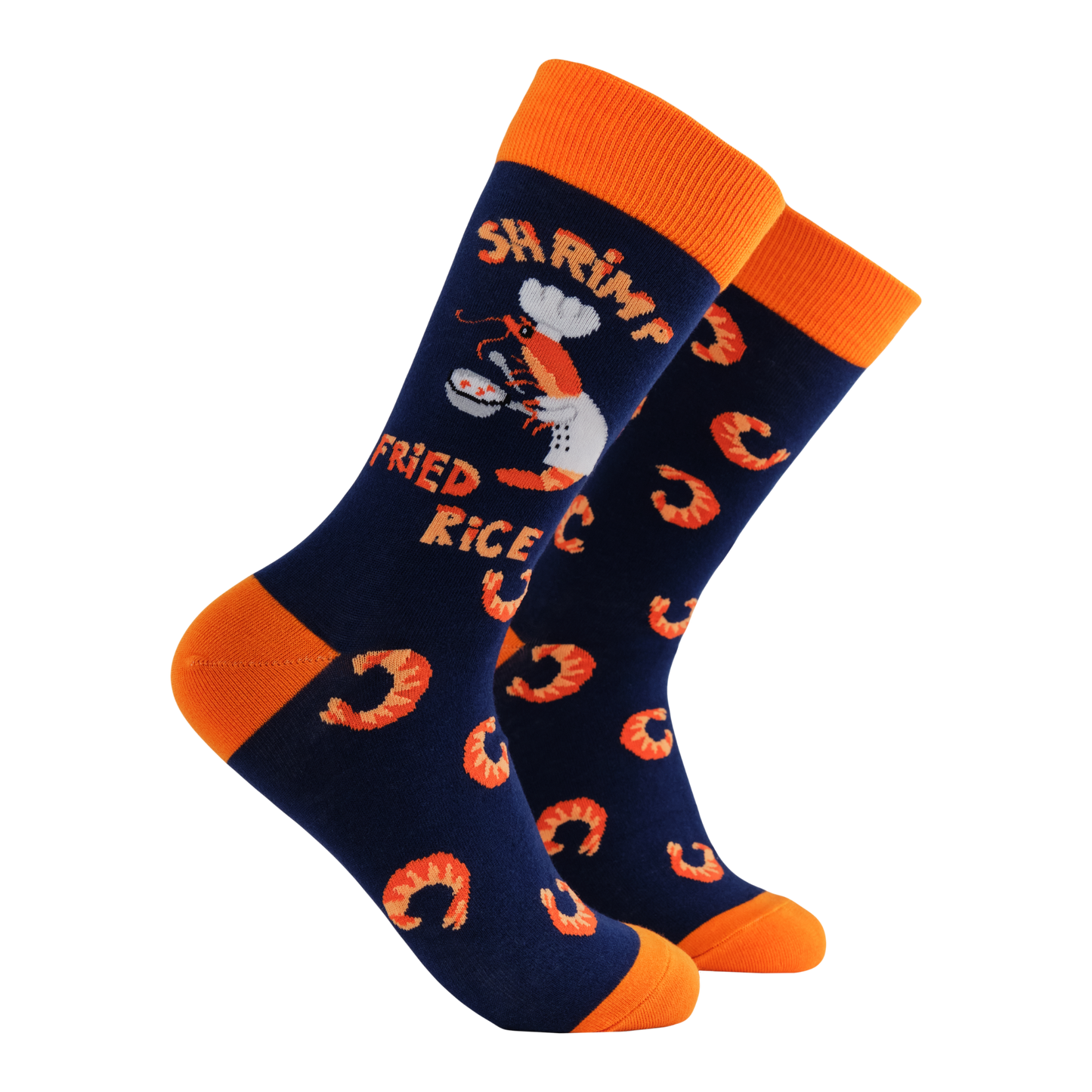 Shrimp Fried Rice Socks. A pair of socks featuring a shrimp dressed as a chef. Dark blue legs, orange heel, toe and cuff. 