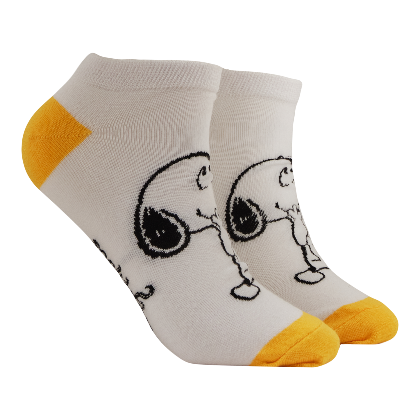 Pair of trainer socks with smiley Snoopy design. 