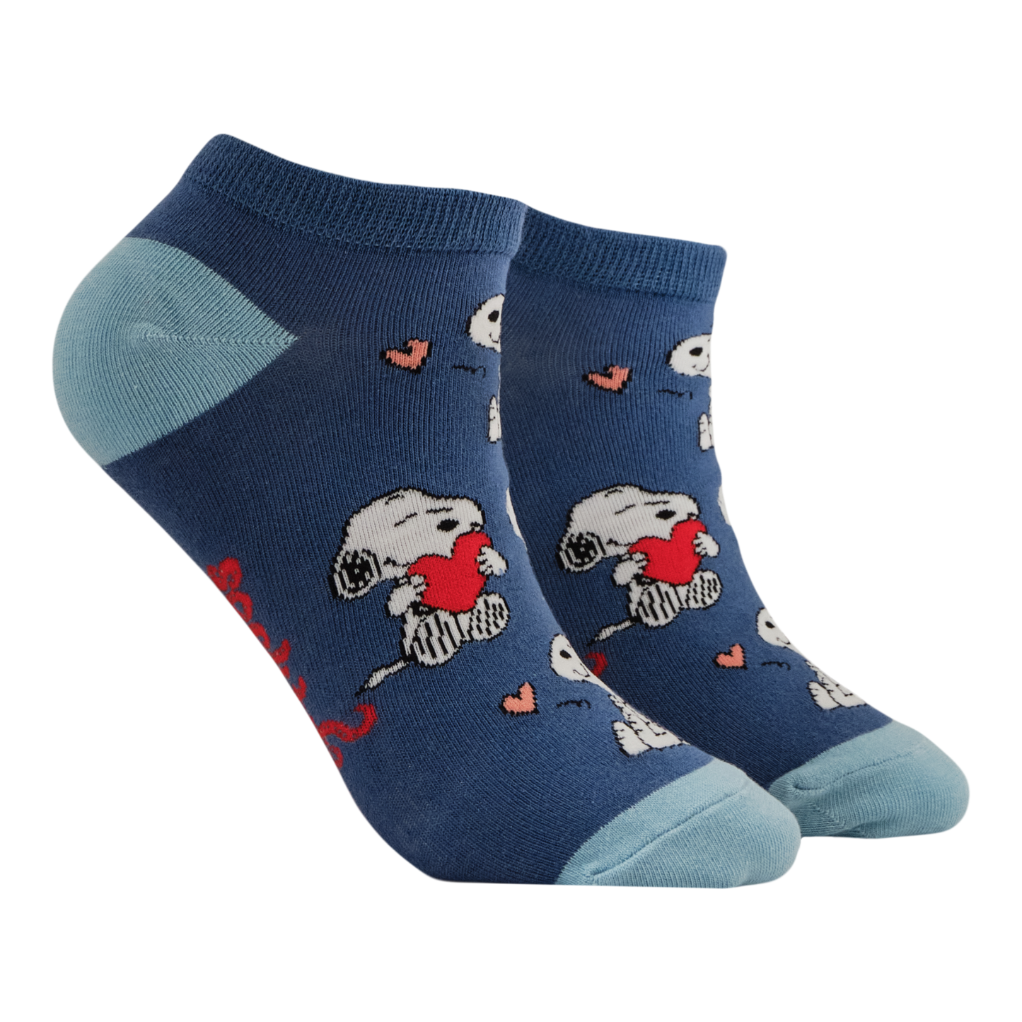 Pair of blue trainer socks with snoopy holding a heart design. 