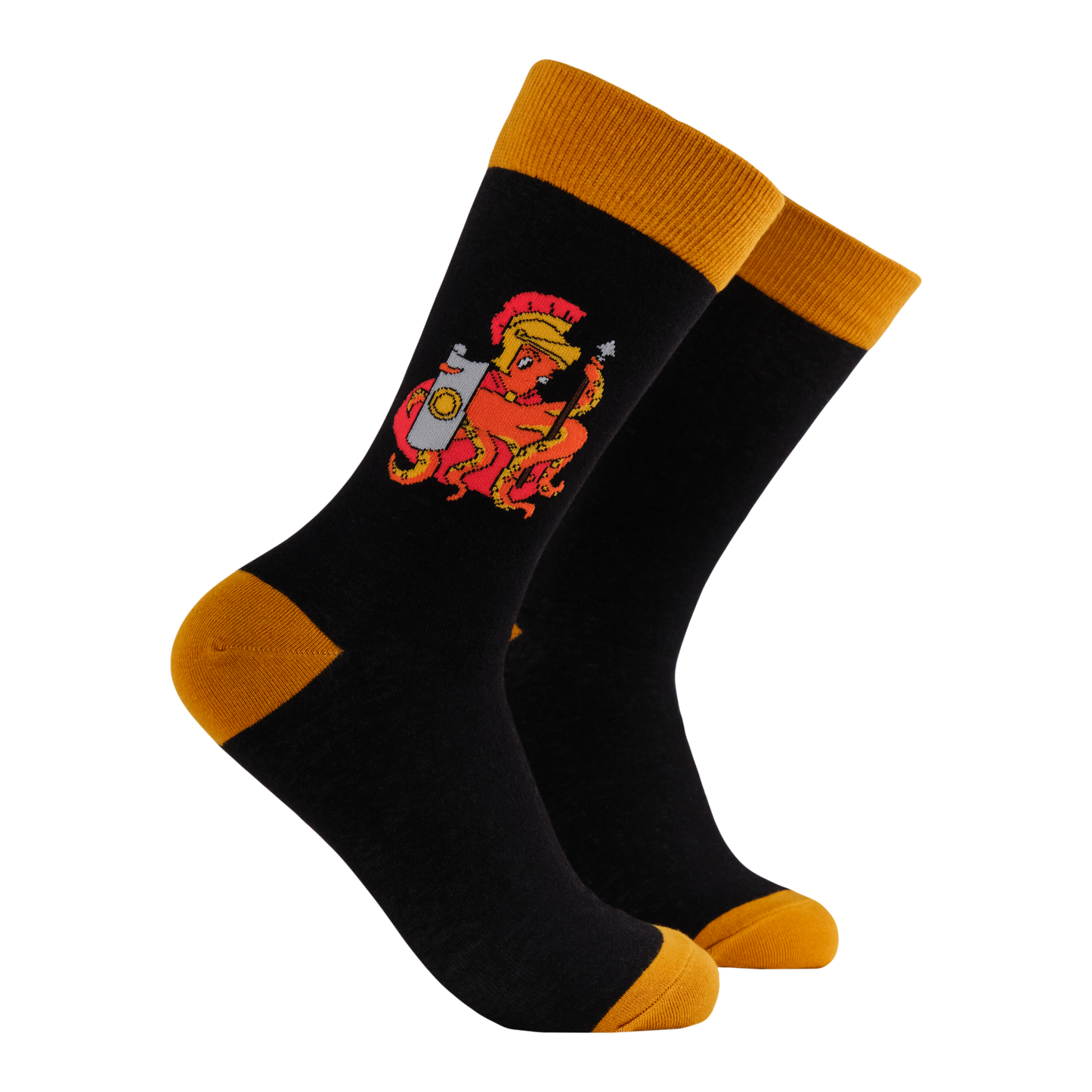Roman Legionary Socks - Sockius Maximus. A pair of socks featuring a roman Captain Socktopus. Black legs, gold heel, toe and cuff. 