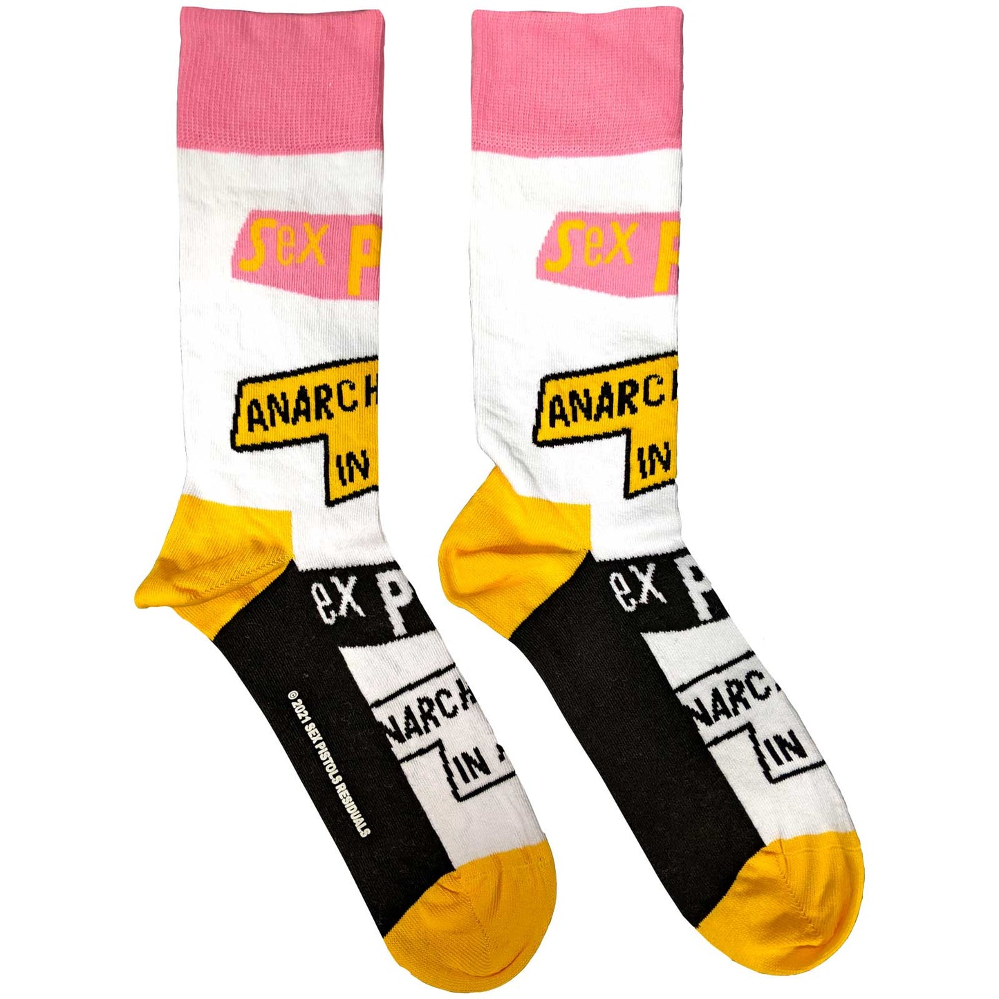 Sex Pistols Anarchy in the UK Socks. A pair of socks with the Sex Pistols logo and a pink yellow and black block pattern. 