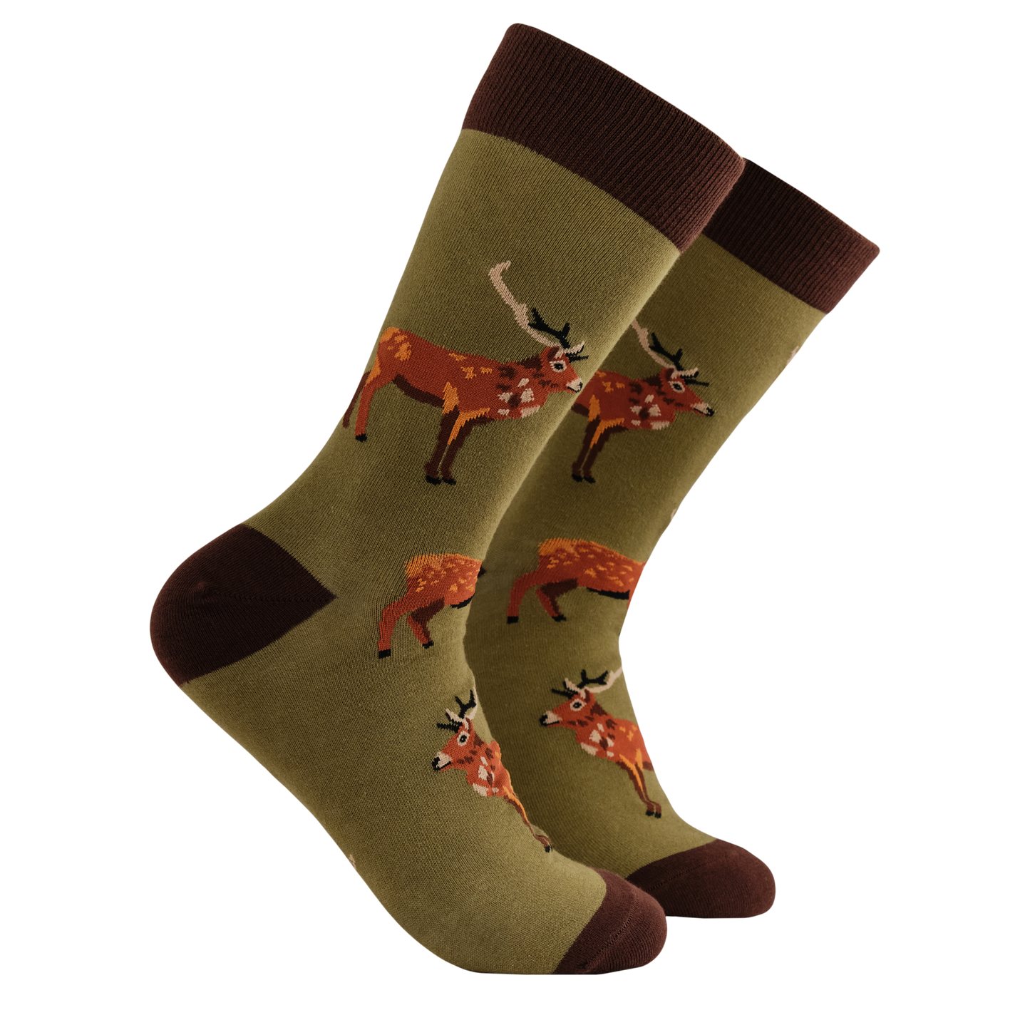Stag Socks - Stuck in a Rut. A pair of socks featuring a stag motif. Brown legs, heel, toe and cuff 