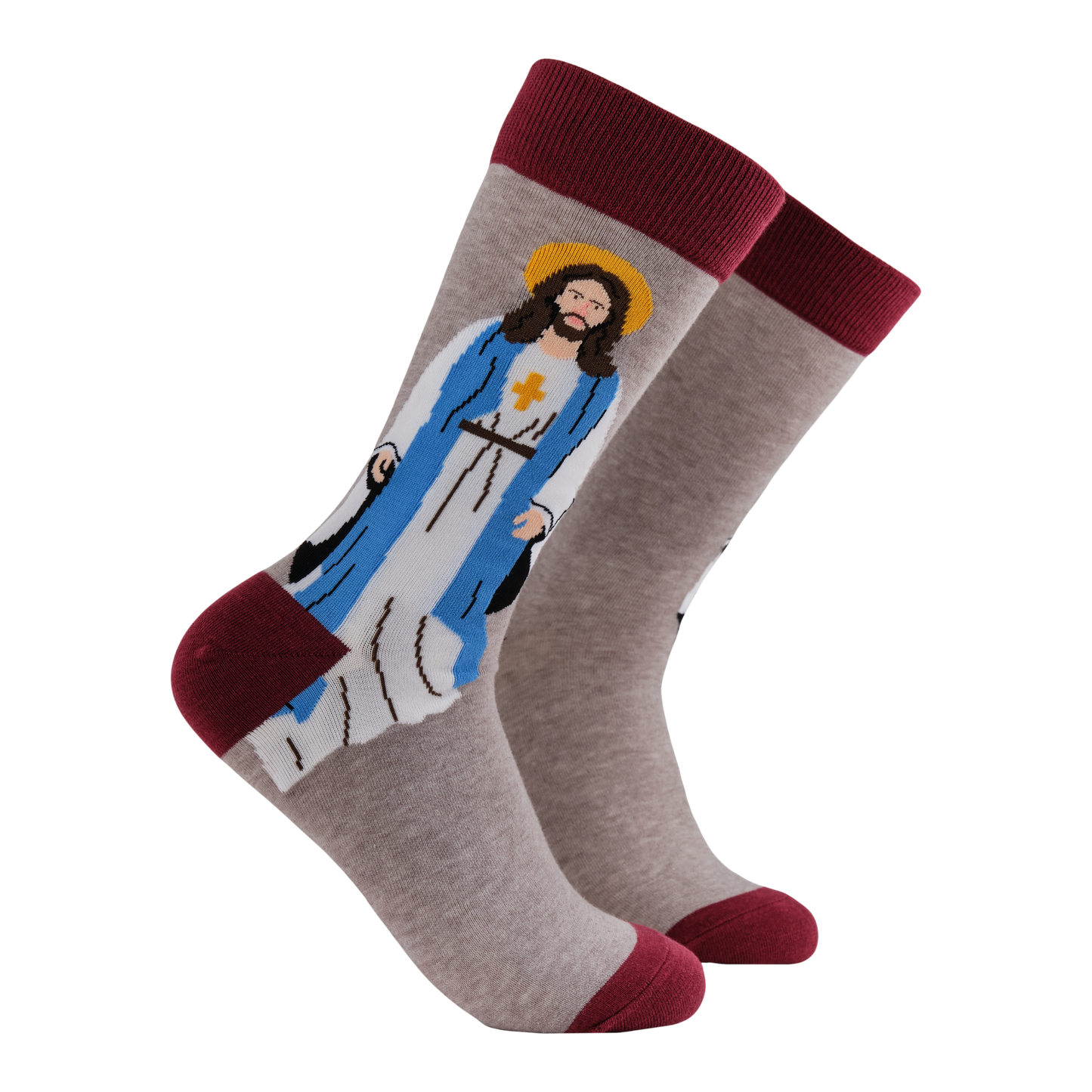 Jesus Christ Socks - Sunday Socks. A pair of socks featuring Jesus. Grey legs, brown heel, toe and cuff. 