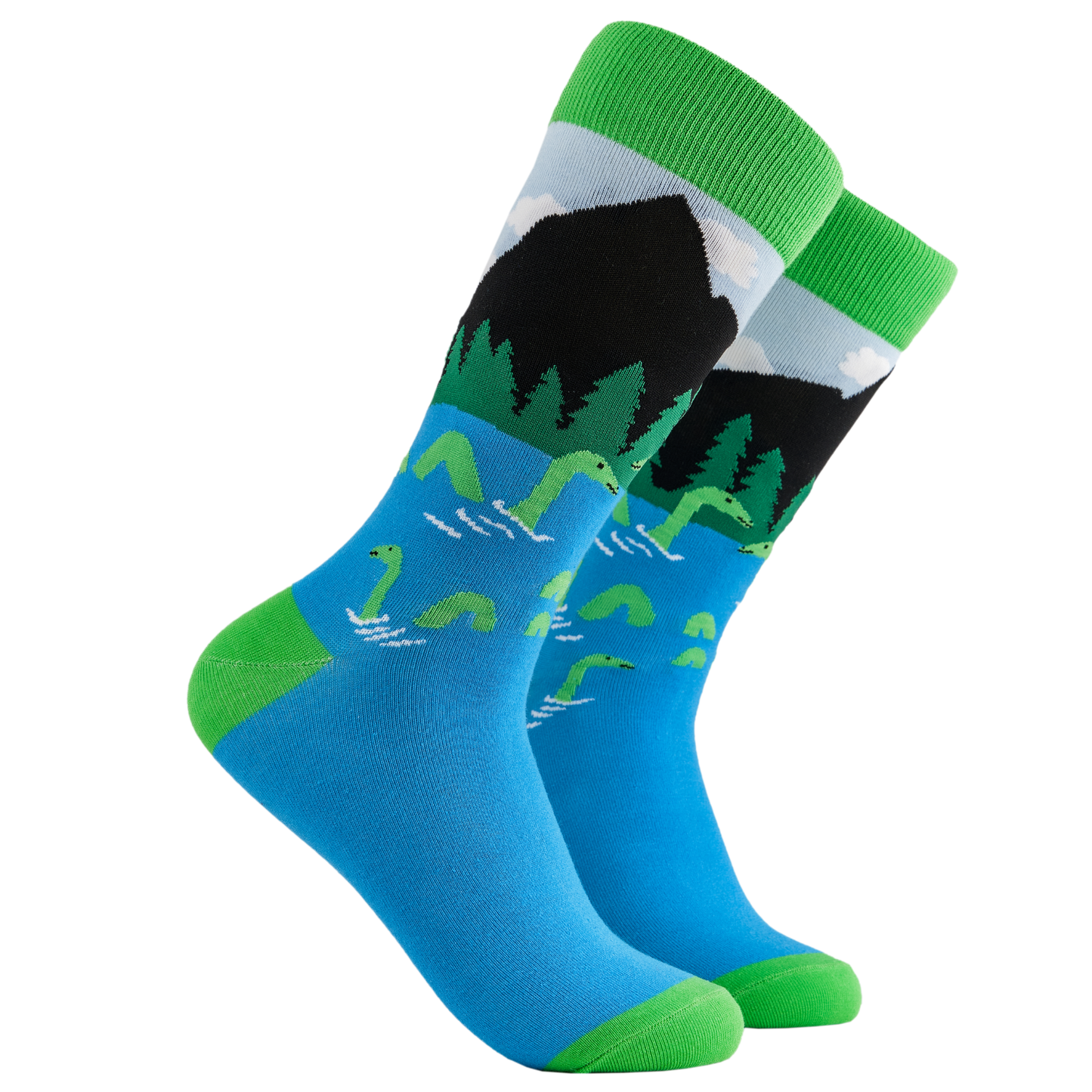 Loch Ness Monster Socks - Sock Ness Monster. A pair of socks depicting the loch ness monster. Blue legs, green cuff, heel and toe.