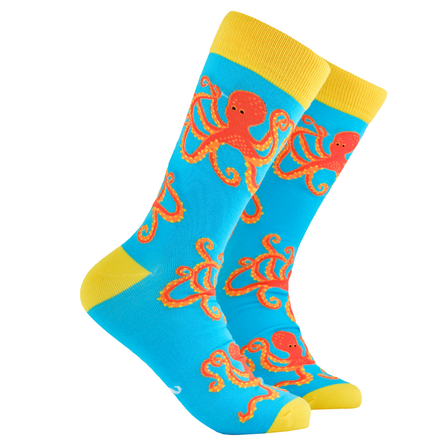 Octopus Socks - Soctopus. A pair of socks depicting the soctopus mascot, Captain Soctopus. Blue legs, yellow cuff, heel and toe.