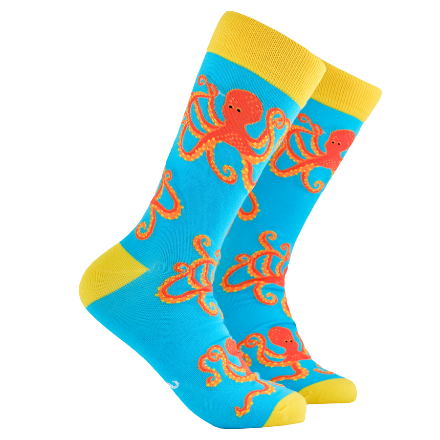 Octopus Socks - Soctopus. A pair of socks depicting the soctopus mascot, Captain Soctopus. Blue legs, yellow cuff, heel and toe.