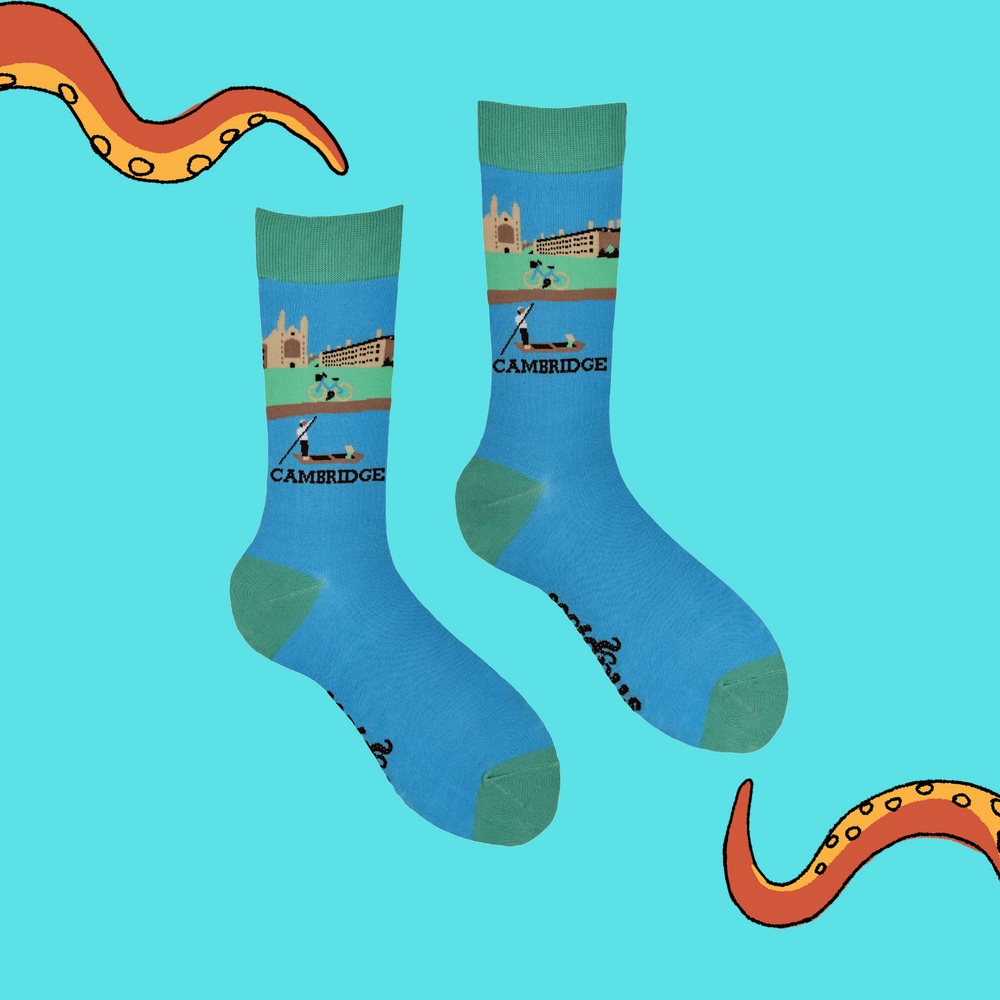 
                      
                        A pair of socks with a Cambridge punting motif. Blue legs, gree heel, toe and cuff. 
                      
                    