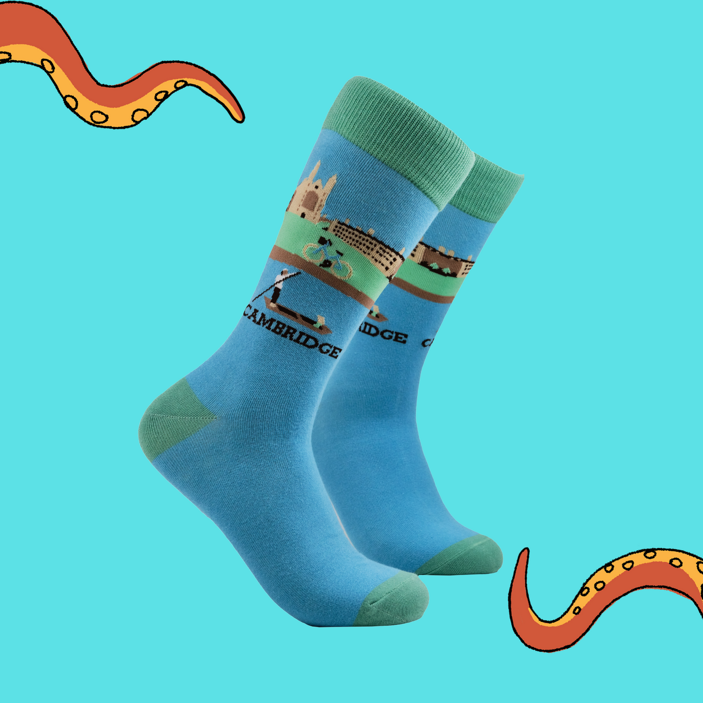 A pair of socks with a Cambridge punting motif. Blue legs, gree heel, toe and cuff. 