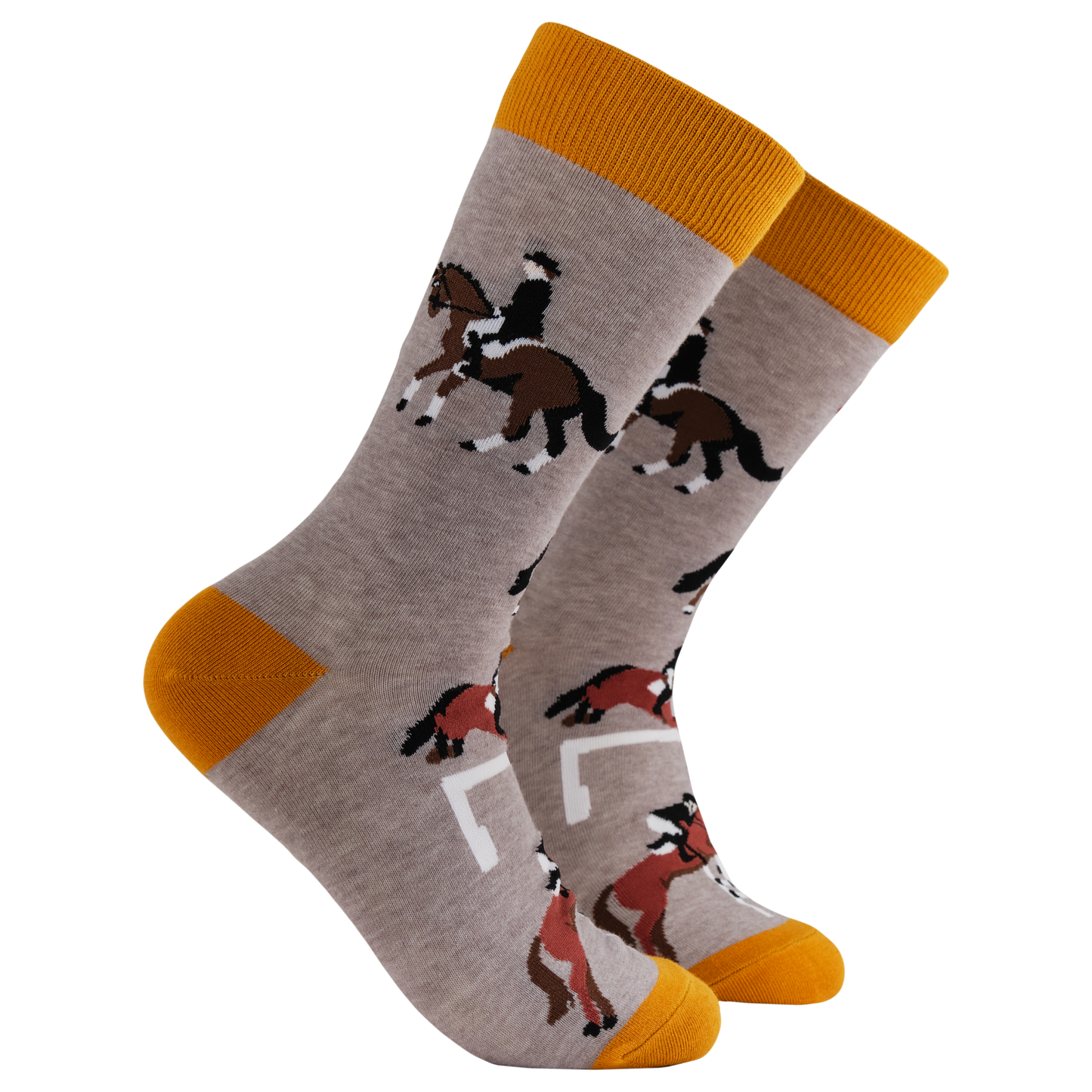Show Pony Socks - The Mane Event. A pair of socks featuring show panies. Grey legs, yellow heel, toe and cuff. 