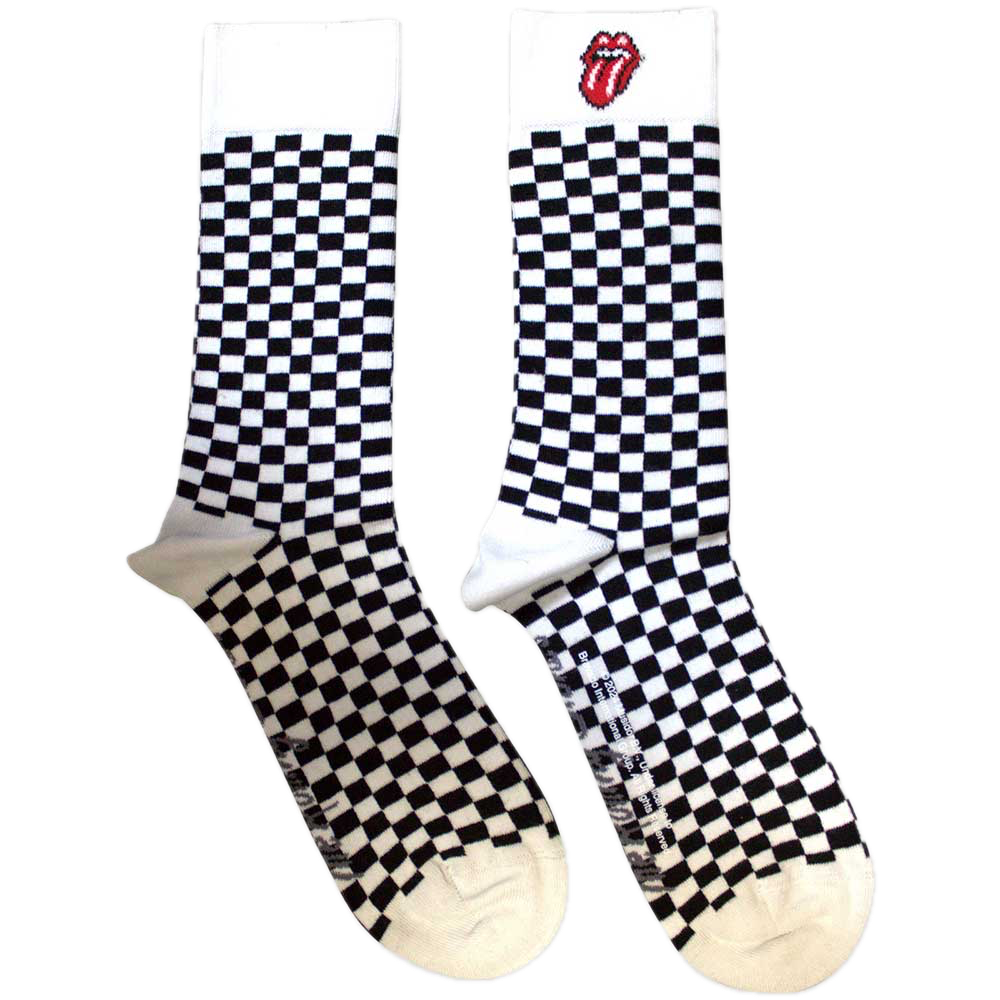 The Rolling Stones Check Socks. A pair of socks with The Rolling Stones logo and a black and white check pattern. 