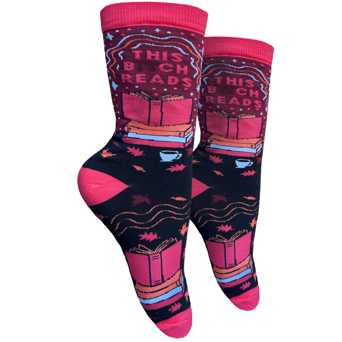 A pair of colorful socks with text 'This Bitch Reads' and various book-related imagery.