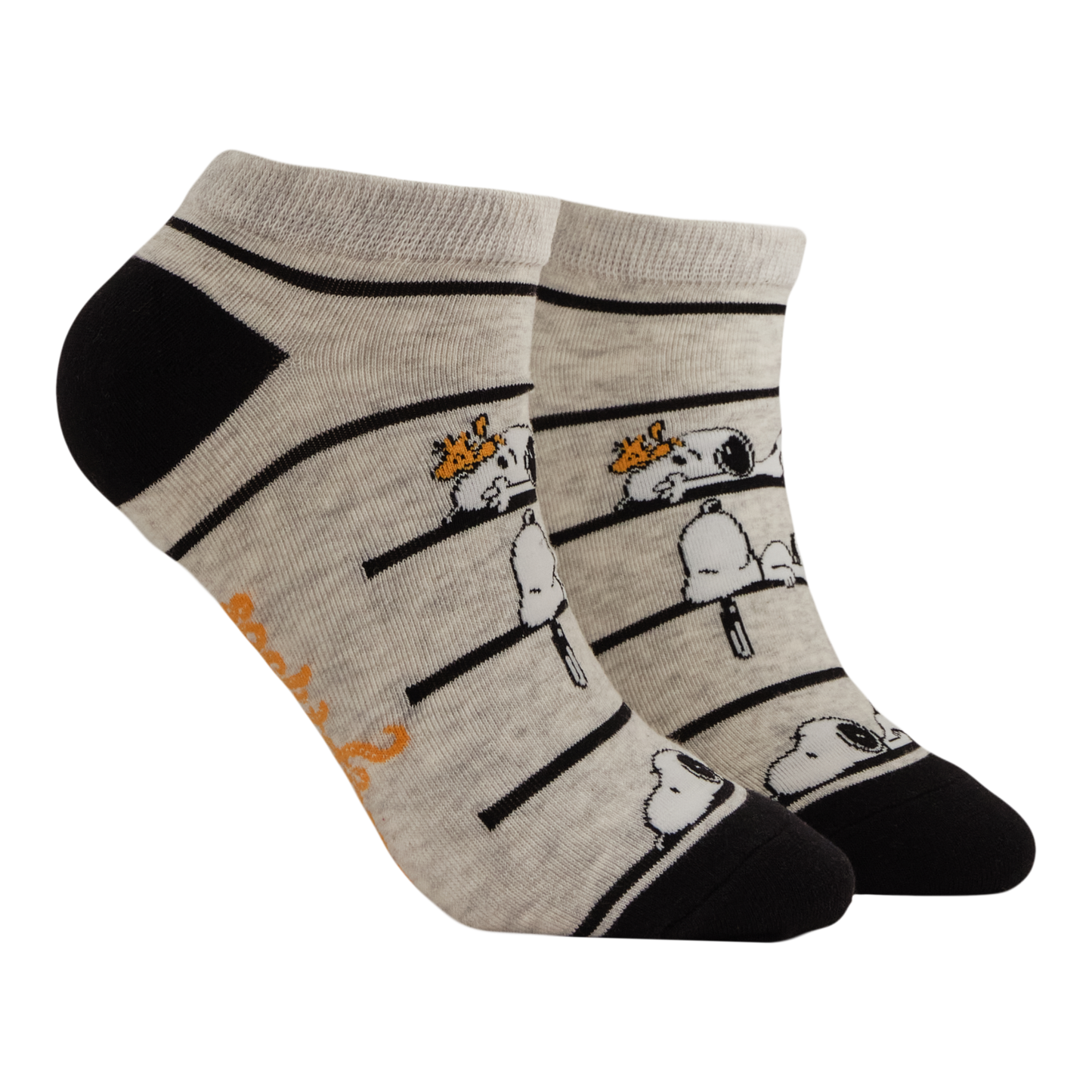 Pair of light brown trainer socks with snoopy and woodstock design. 