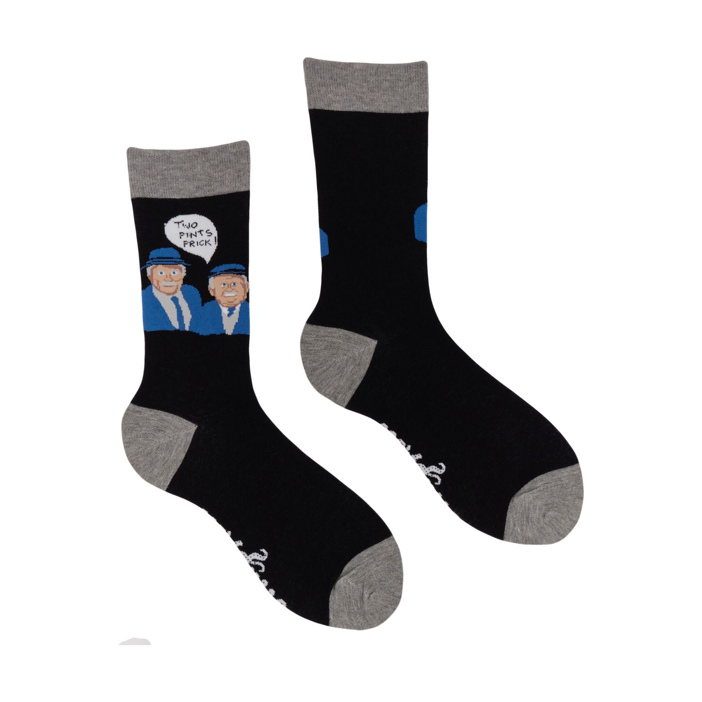 A pair of socks with a pub theme. Black legs, grey heel, toe and cuff. 