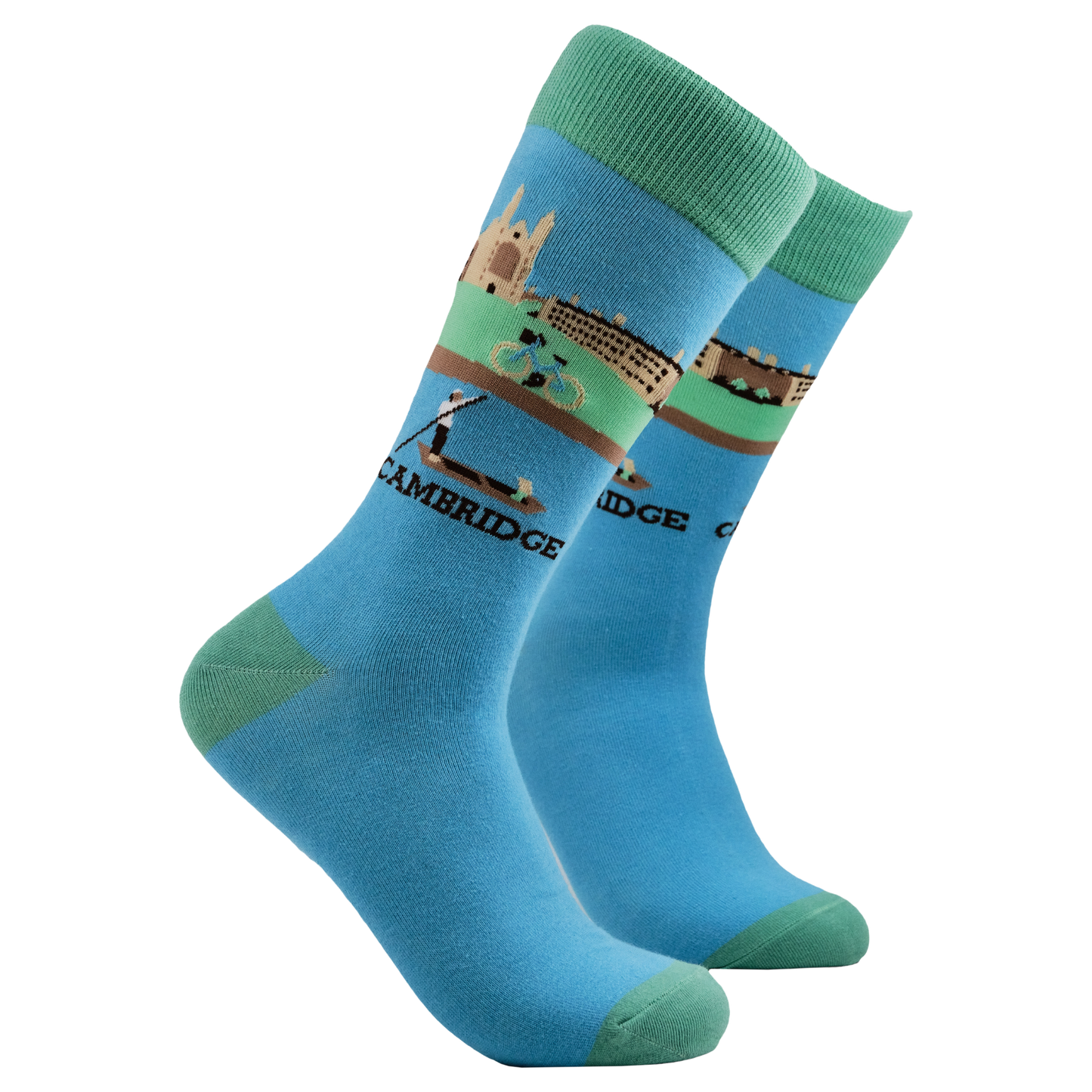 Cambridge Socks - Take a Punt. A pair of socks with a Cambridge punting motif. Blue legs, gree heel, toe and cuff. 