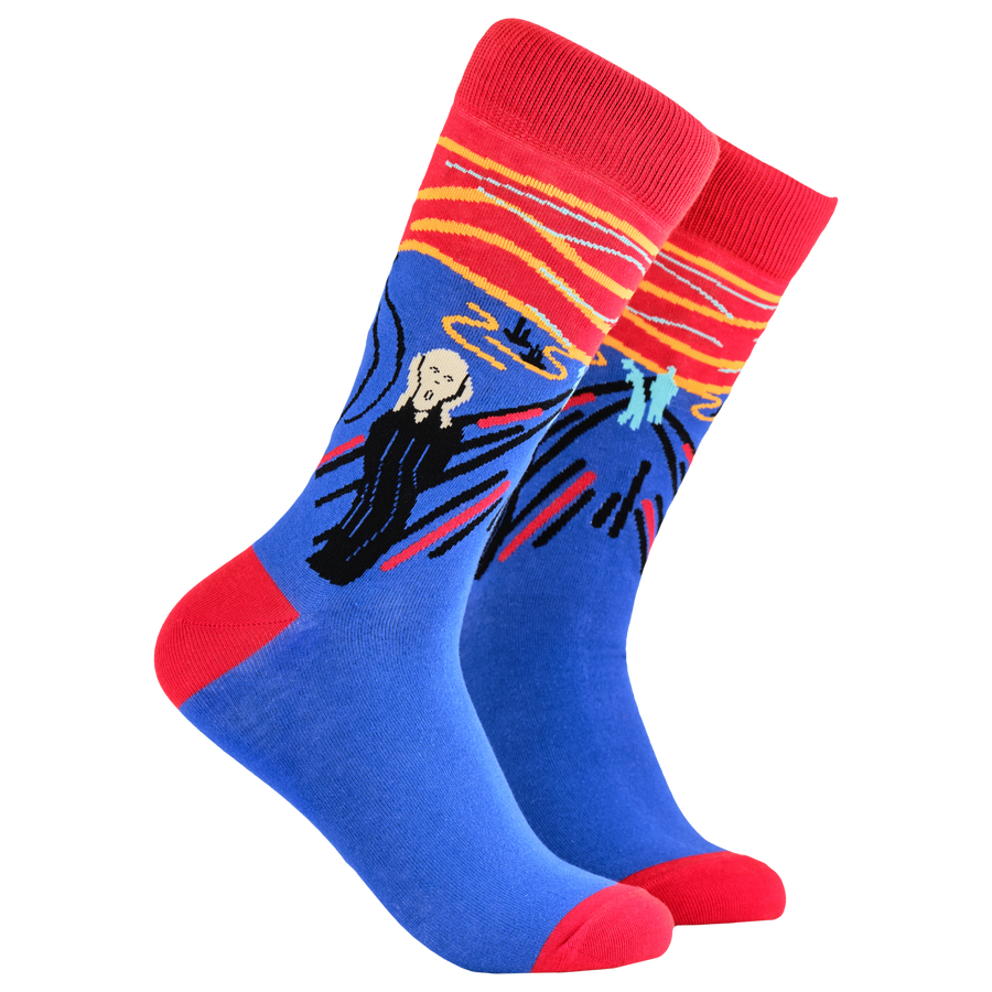 Art Socks - The Scream. A pair of socks depicting the scream. Blue legs, red cuff, heel and toe.