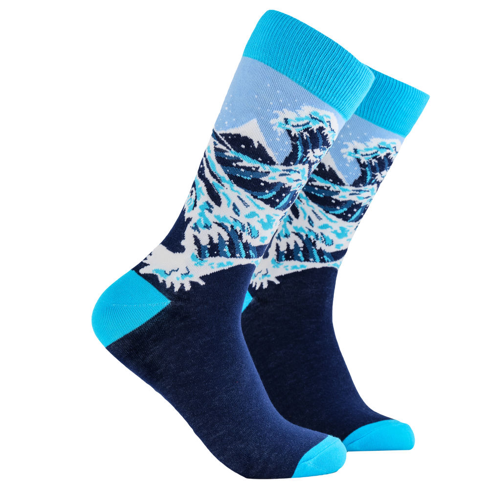 The Wave Art Socks. A pair of socks depicting The Great Wave off Kanagawa. Dark blue legs, bright blue cuff, heel and toe.