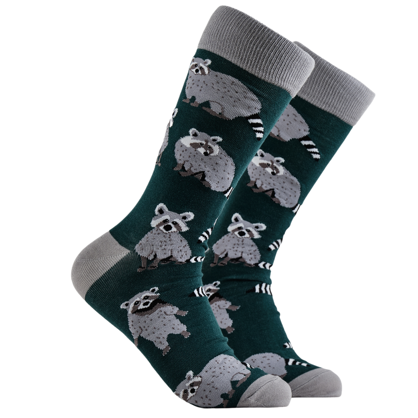 Raccoon Socks - Trash Panda. A pair of socks depicting raccoons. Green legs, grey cuff, heel and toe.