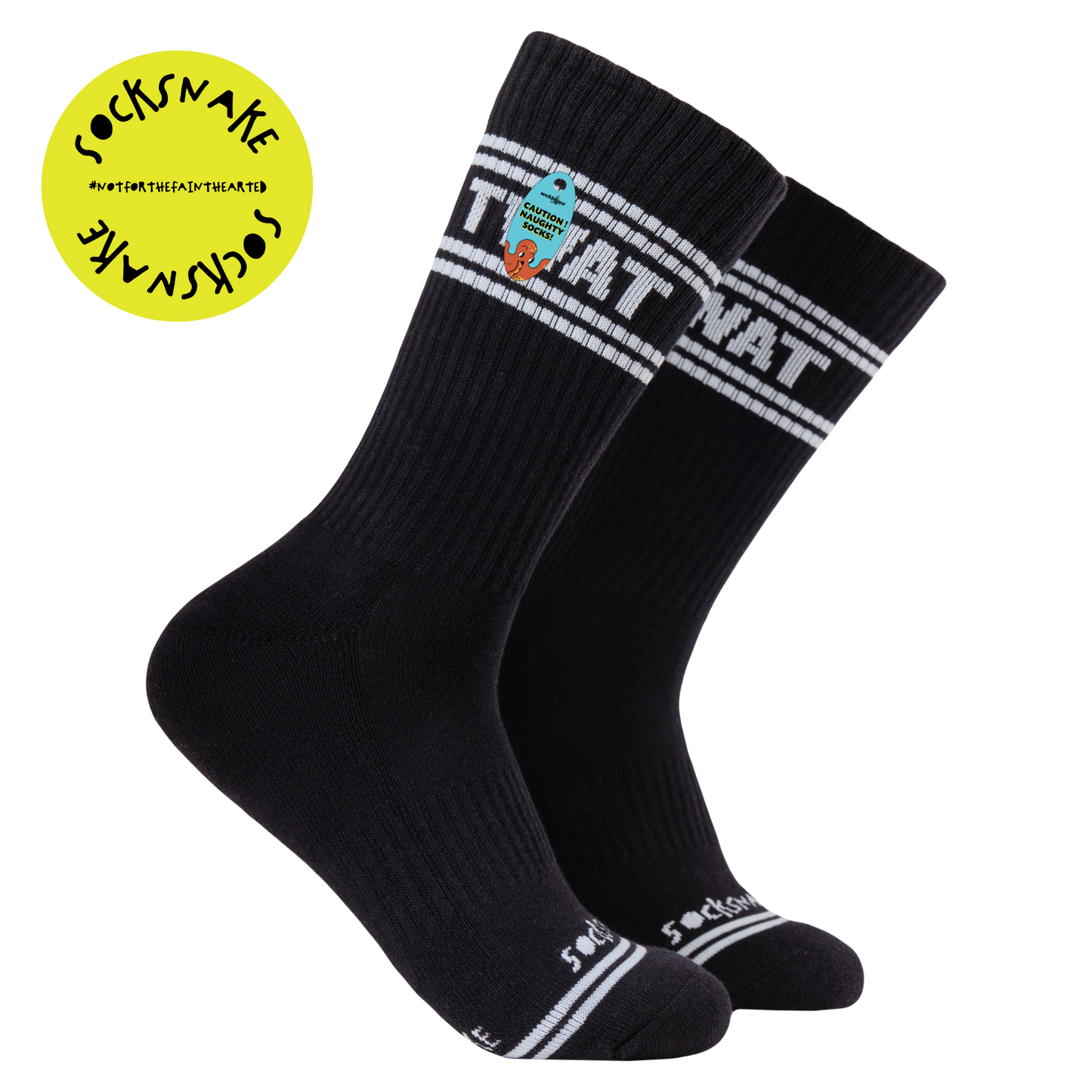 A black pair of athletic socks with white trim on the ankles and toes. A euphemism for the female genitals on the ankle.