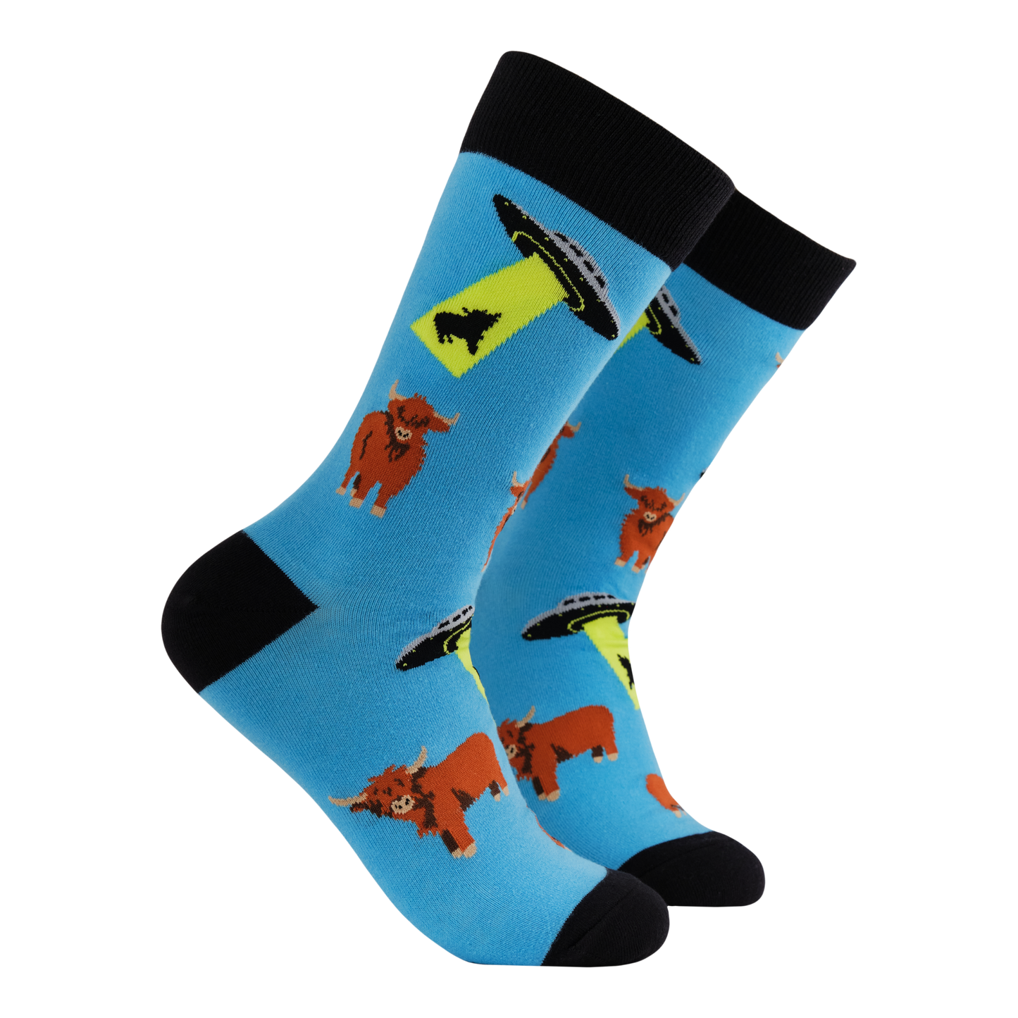 UFO: Unidentified Farm Object Socks. A pair of out of this world socks. Blue legs, black heel, toe and cuff. 