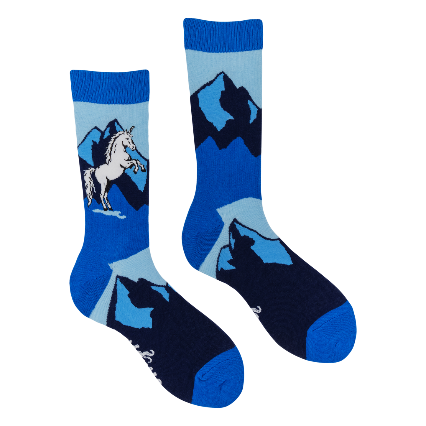 A pair of socks with a mythical highland creature motif. Blue legs, heel, toe and cuff. 
