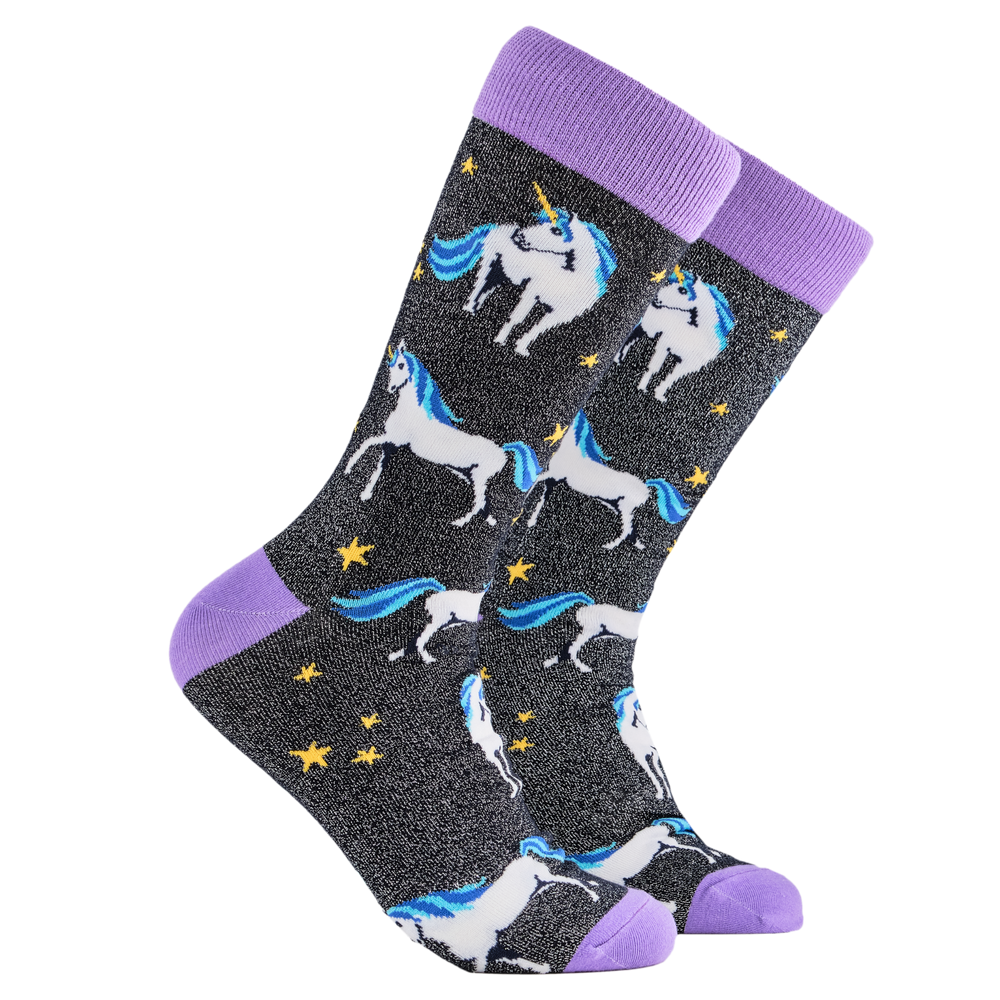 
                      
                        A pair of socks depicting unicorns. Glittery black legs, purple cuff, heel and toe.
                      
                    