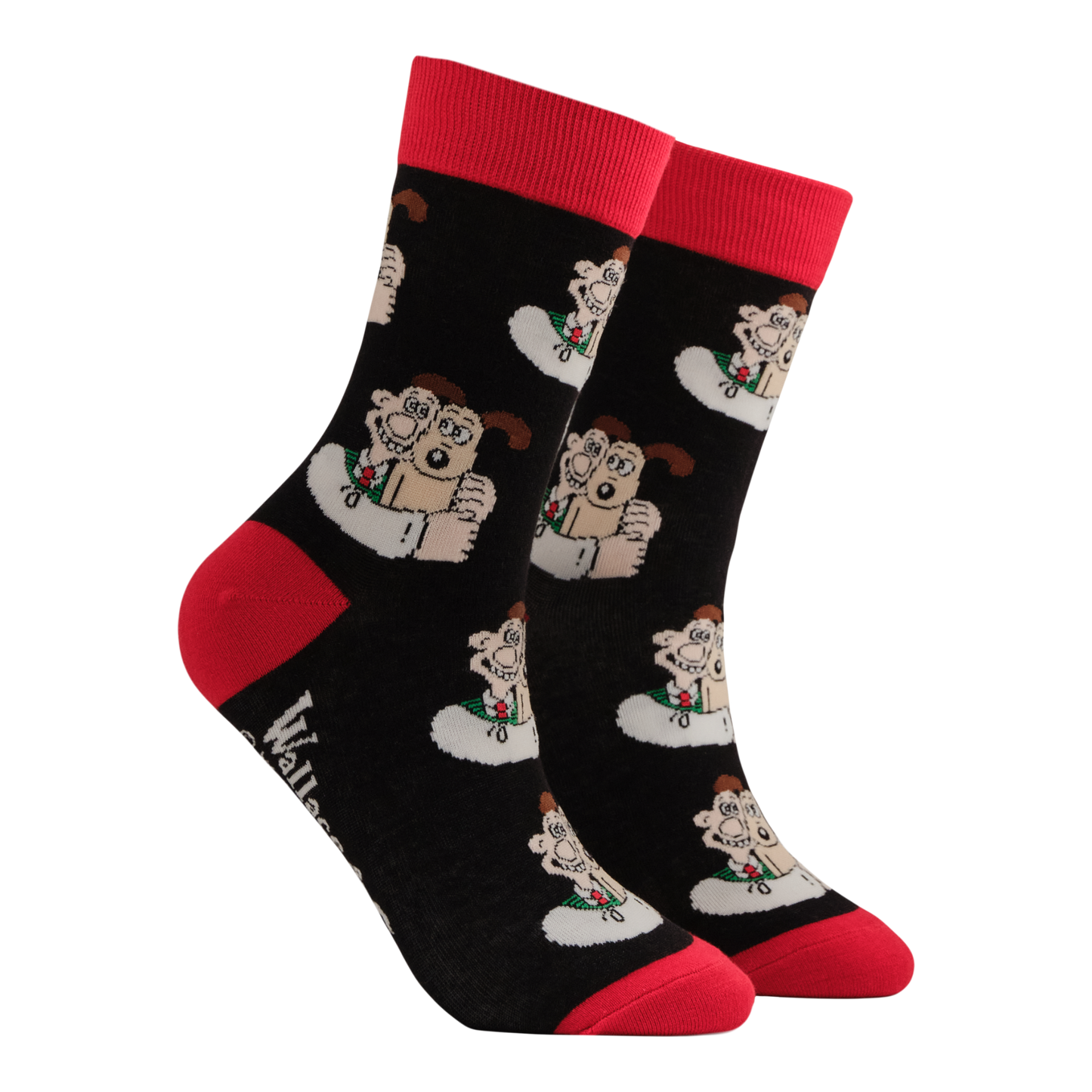 Pair of socks with cartoon character design on a white background
