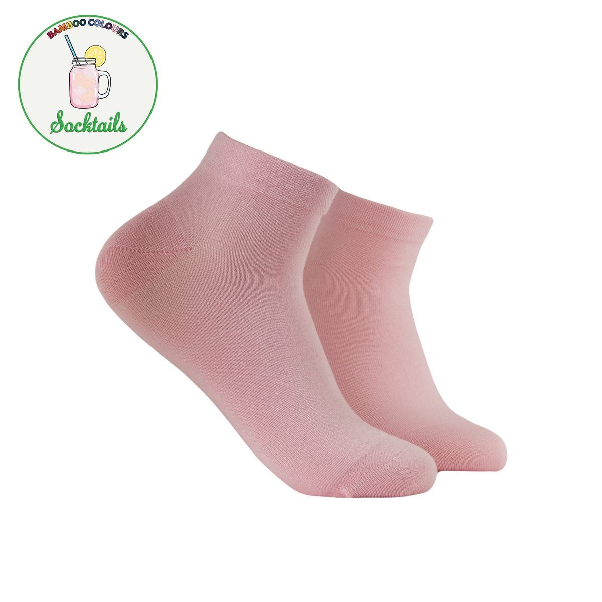 A pair of light pink trainer socks. Top left is a circle with Bamboo Colours Socktails written in it and a glass of pink lemonade.