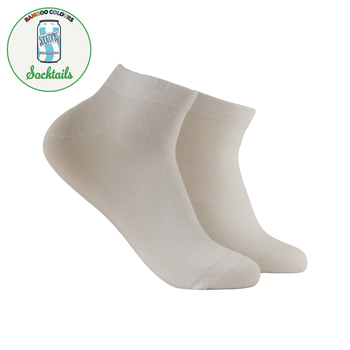 A pair of low-cut ankle socks in a light cream/off-white color, displayed against a solid white background. A circular green and white 'Bamboo Colour Socktails' logo is visible in the top-left corner.