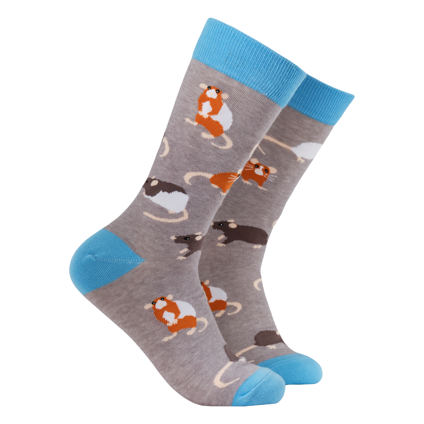 Rat Socks - Squeak! A pair of socks featuring a rat motif. Grey legs, light blue heel, toe and cuff 