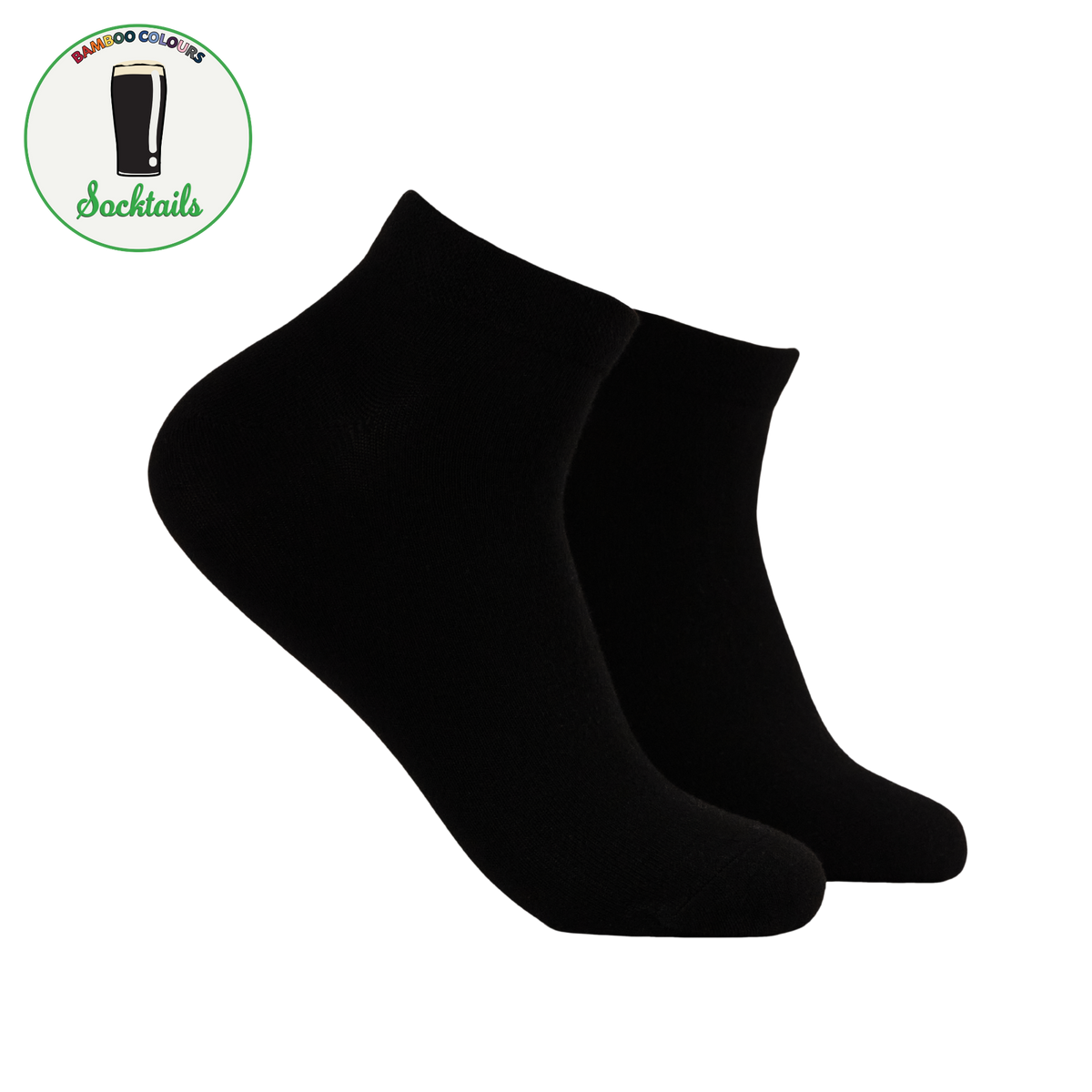 A pair of black trainer socks. Sticker with 'Bamboo Colours Socktails' with a pint of stout on it.