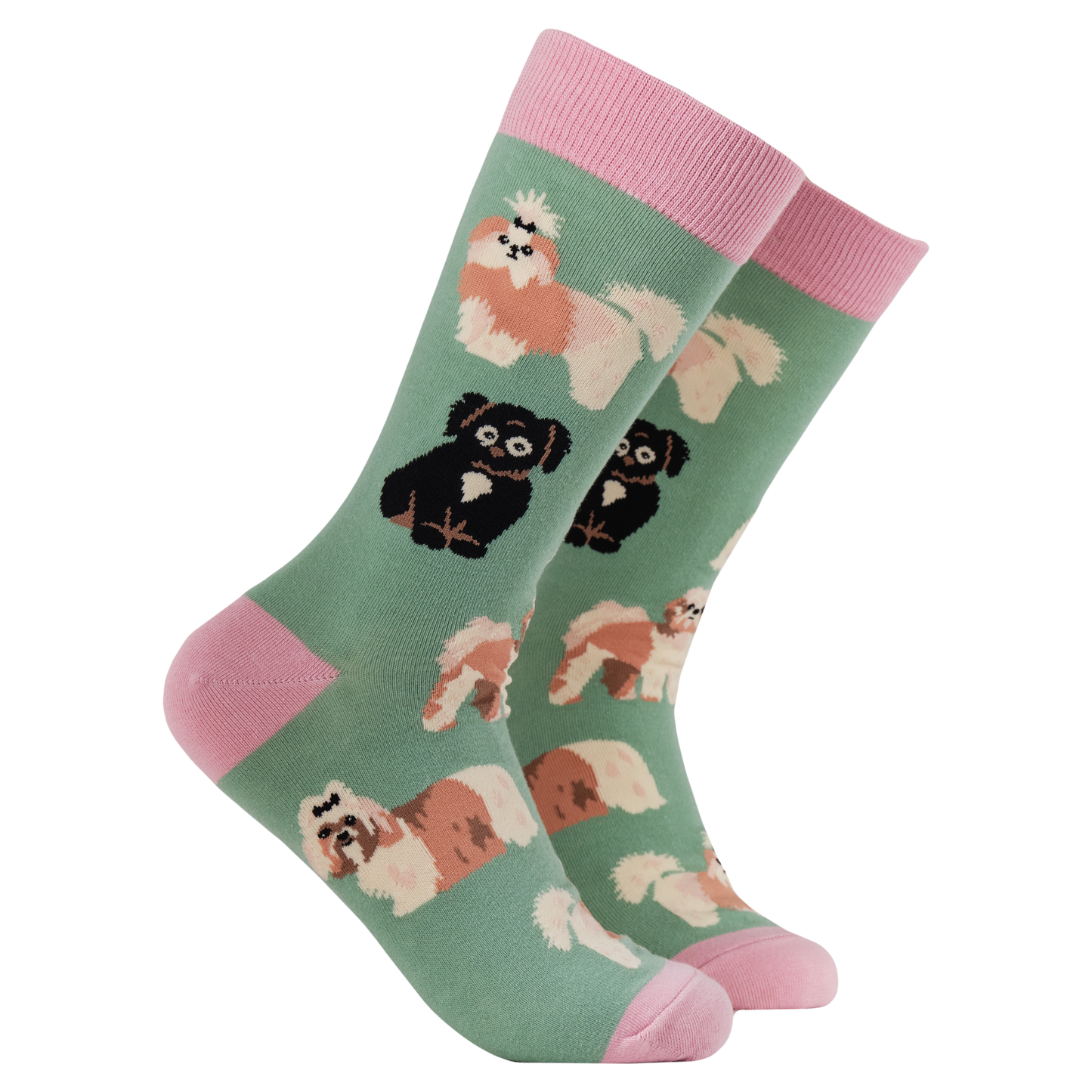 I Shih-Tzu Not Socks. A pair of socks featuring a Shih Tzu  motif. Green legs, pink heel, toe and cuff. 
