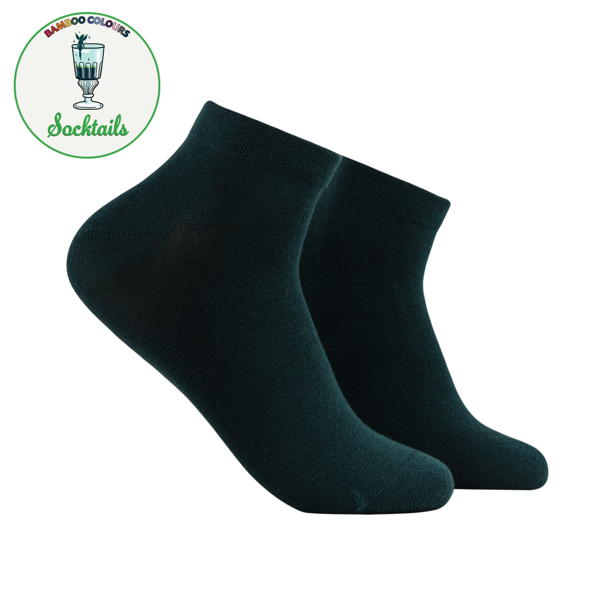 A pair of dark forest green low-cut ankle socks displayed against a solid white background, with a circular 'Bamboo Colors Socktails' brand logo in the top-left corner.