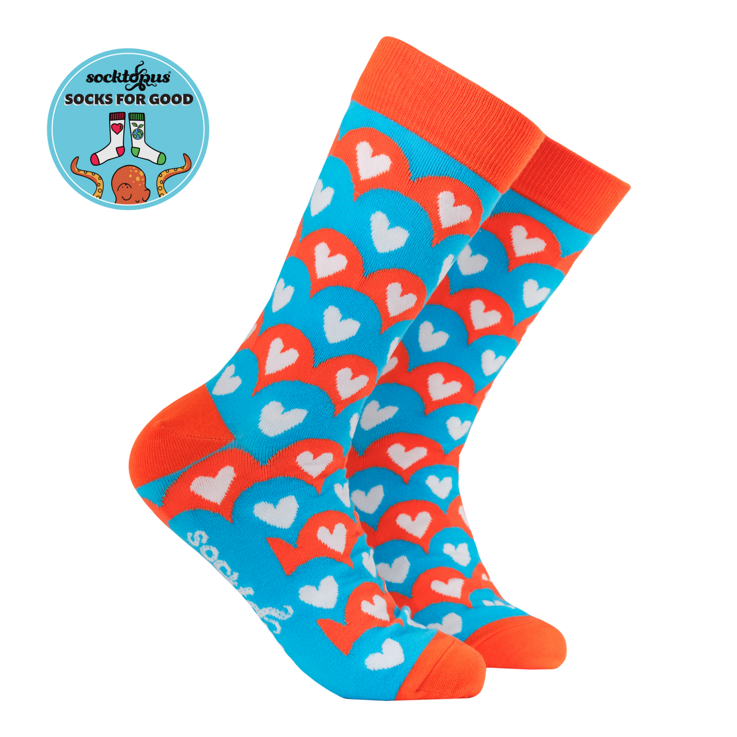 Hearts Socks - ChemoHero X Socktopus. A pair of socks featuring a pattern made from the ChemoHero logo. Red and Blue. 