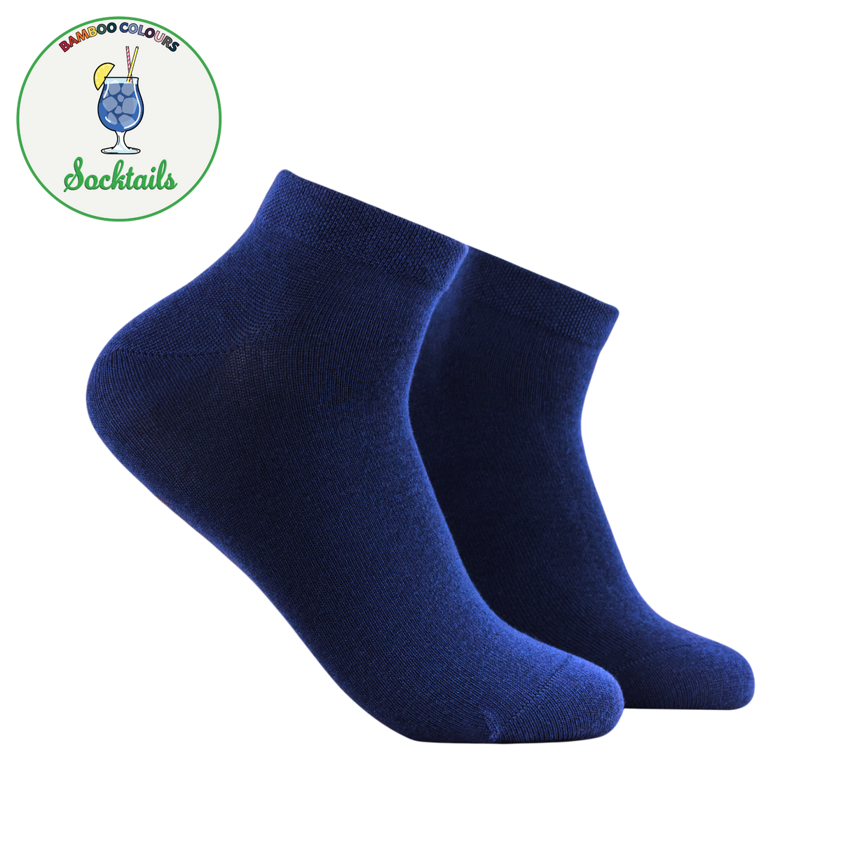 A pair of dark blue low-cut ankle socks displayed against a solid white background, with a circular 'Bamboo Colours Socktails' logo in the top-left corner.