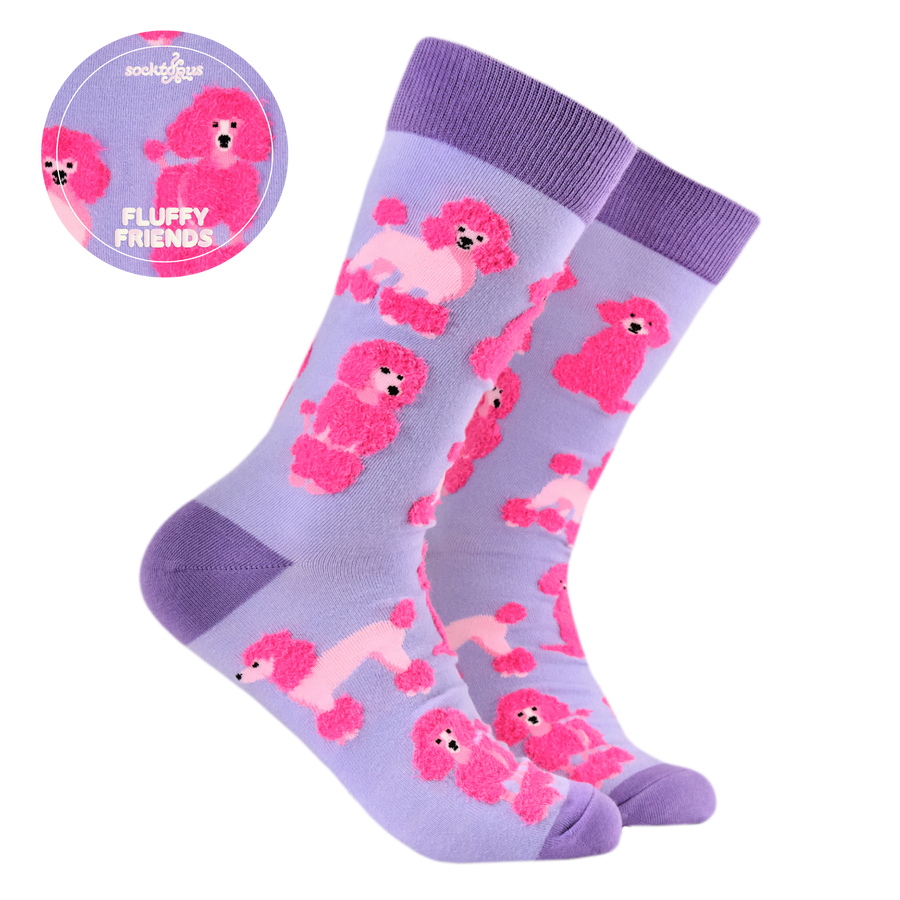 Fluffy Poodles Socks. A pair of socks featuring fluffy poodles. Pink legs, purple heel, toe and cuff. 