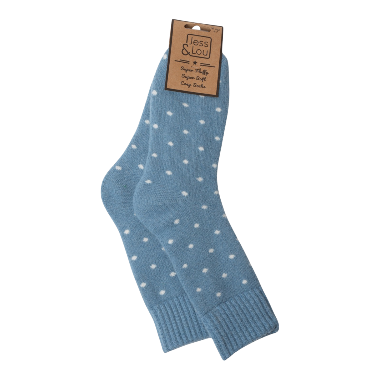 Pair of blue socks with white polka dots on a white background, featuring a Jess & Lou label.